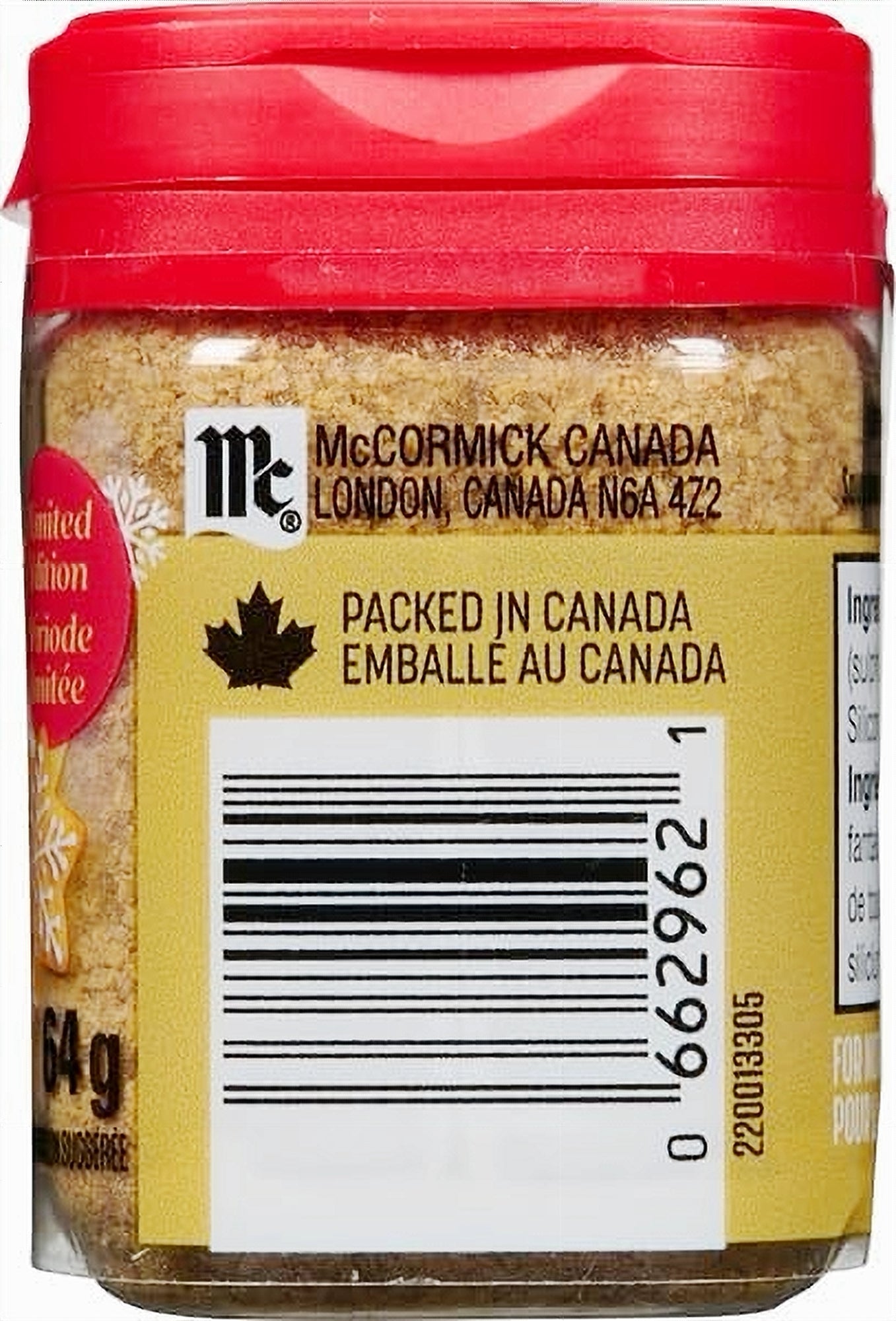 Jar of McCormick Club House Gingerbread Spice Finishing Sugar 64g with red lid and yellow label