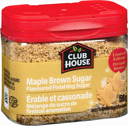Jar of Club House Maple Brown Sugar Flavored Finishing Sugar 58g with red lid