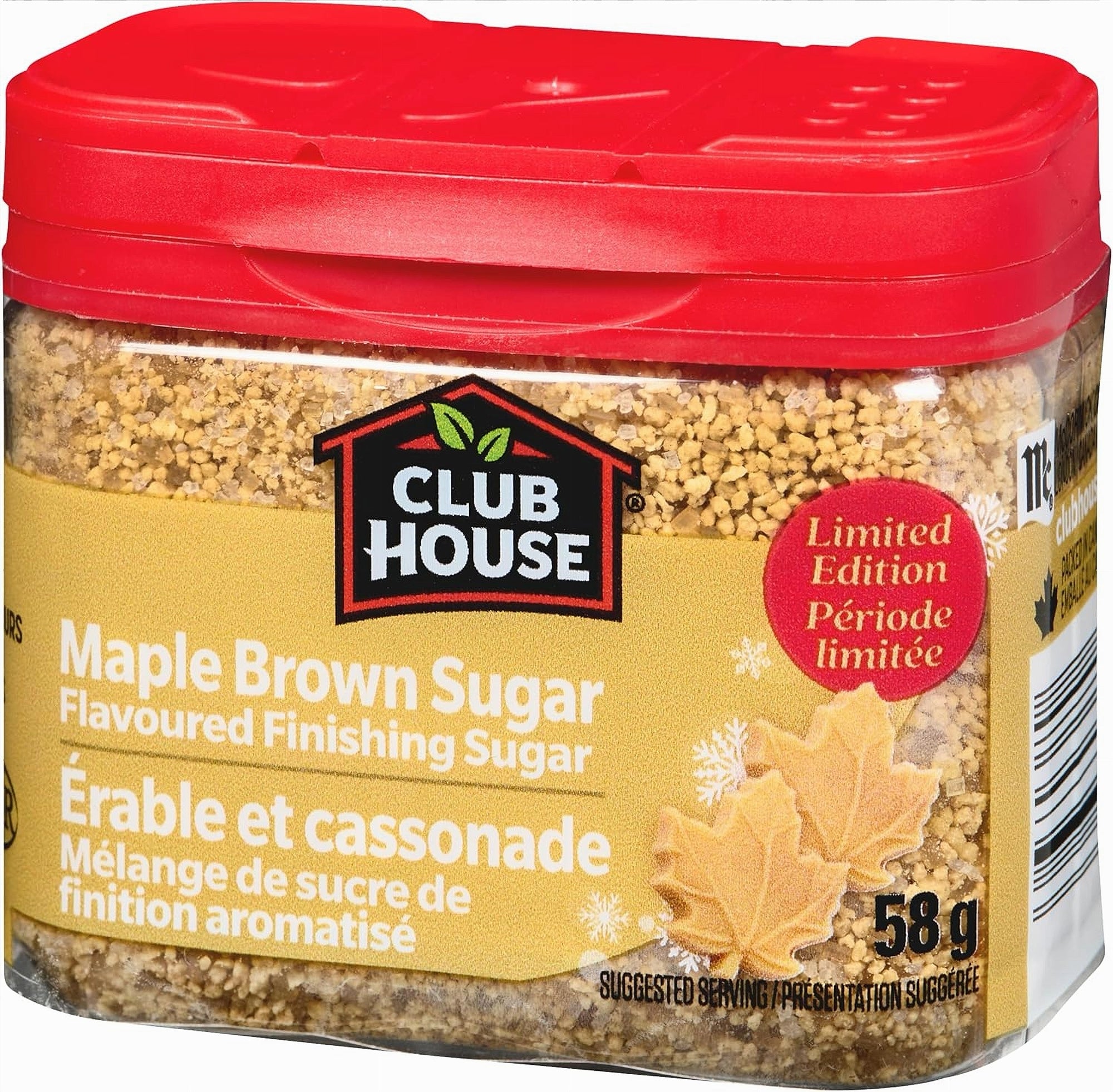 Container of Club House Maple Brown Sugar Flavored Finishing Sugar 58g with red lid