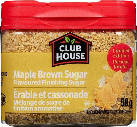 Jar of Club House Maple Brown Sugar Flavored Finishing Sugar 58g with red lid