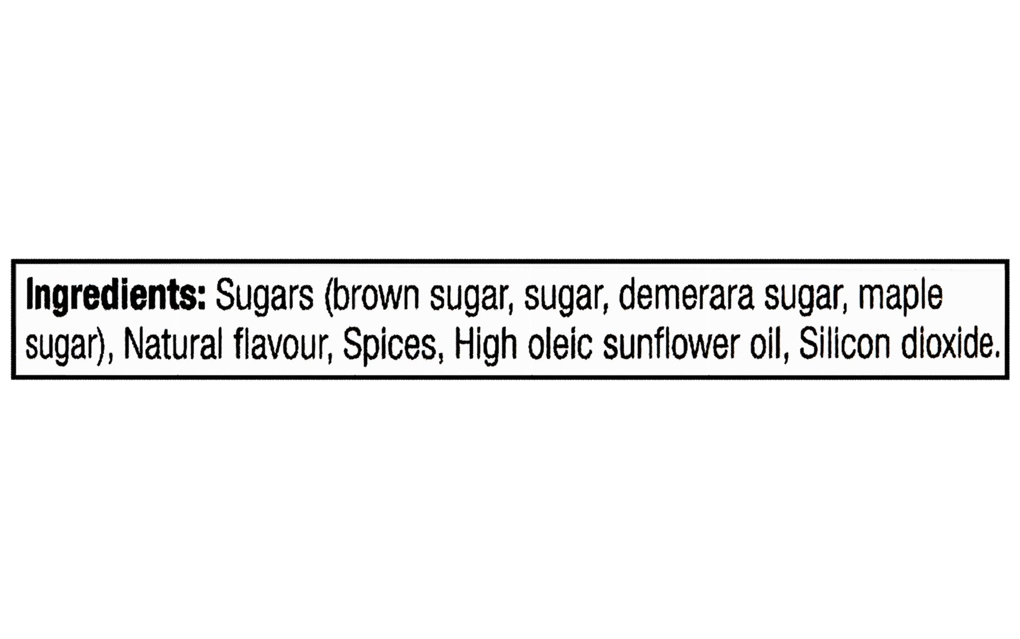 List of ingredients for Club House Maple Brown Sugar Flavored Finishing Sugar 58g on a label with a white background