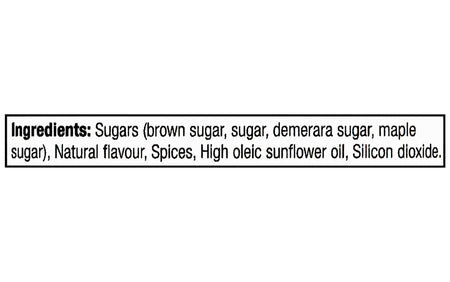 List of ingredients for Club House Maple Brown Sugar Flavored Finishing Sugar 58g on a label with a white background