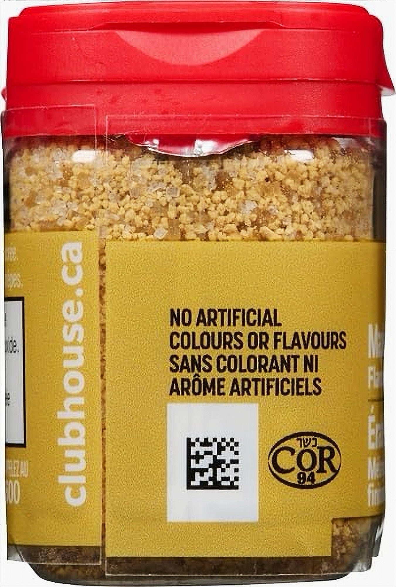 Jar of Club House Maple Brown Sugar Flavored Finishing Sugar 58g with a red lid and yellow label, featuring text about artificial colors and flavors.