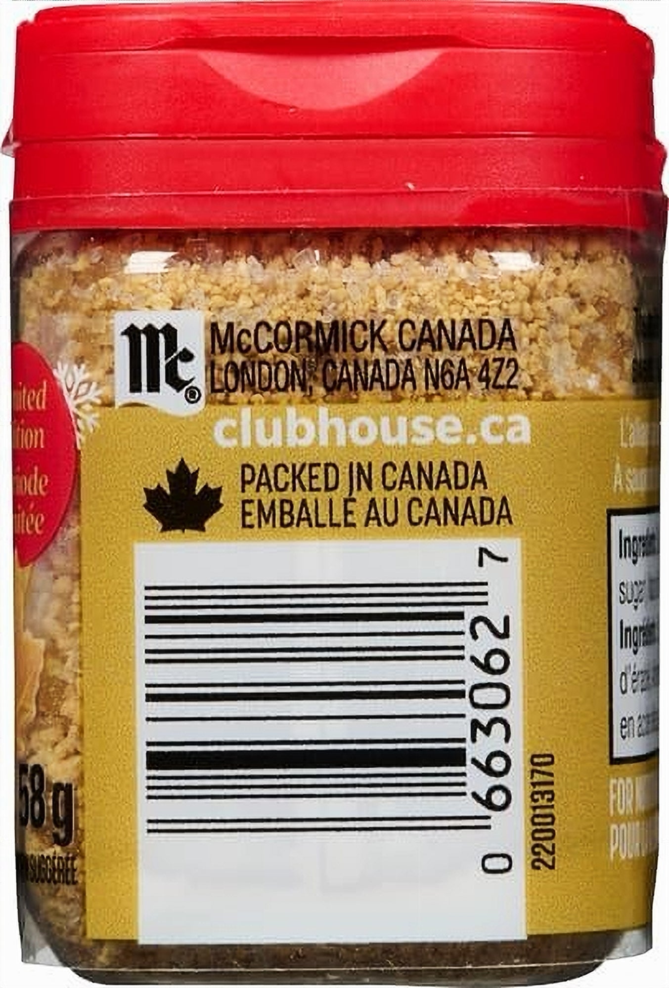 Side view of a jar of Club House Maple Brown Sugar Flavored Finishing Sugar 58g with red lid and yellow label, featuring McCormick Canada branding.
