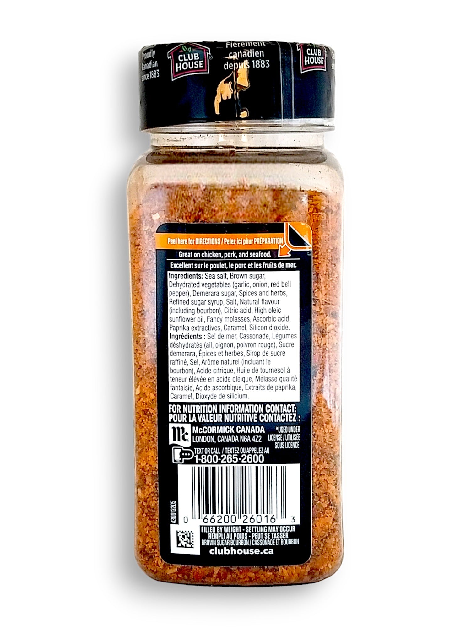 Club House Brown Sugar Bourbon Seasoning 362g, back of shaker.