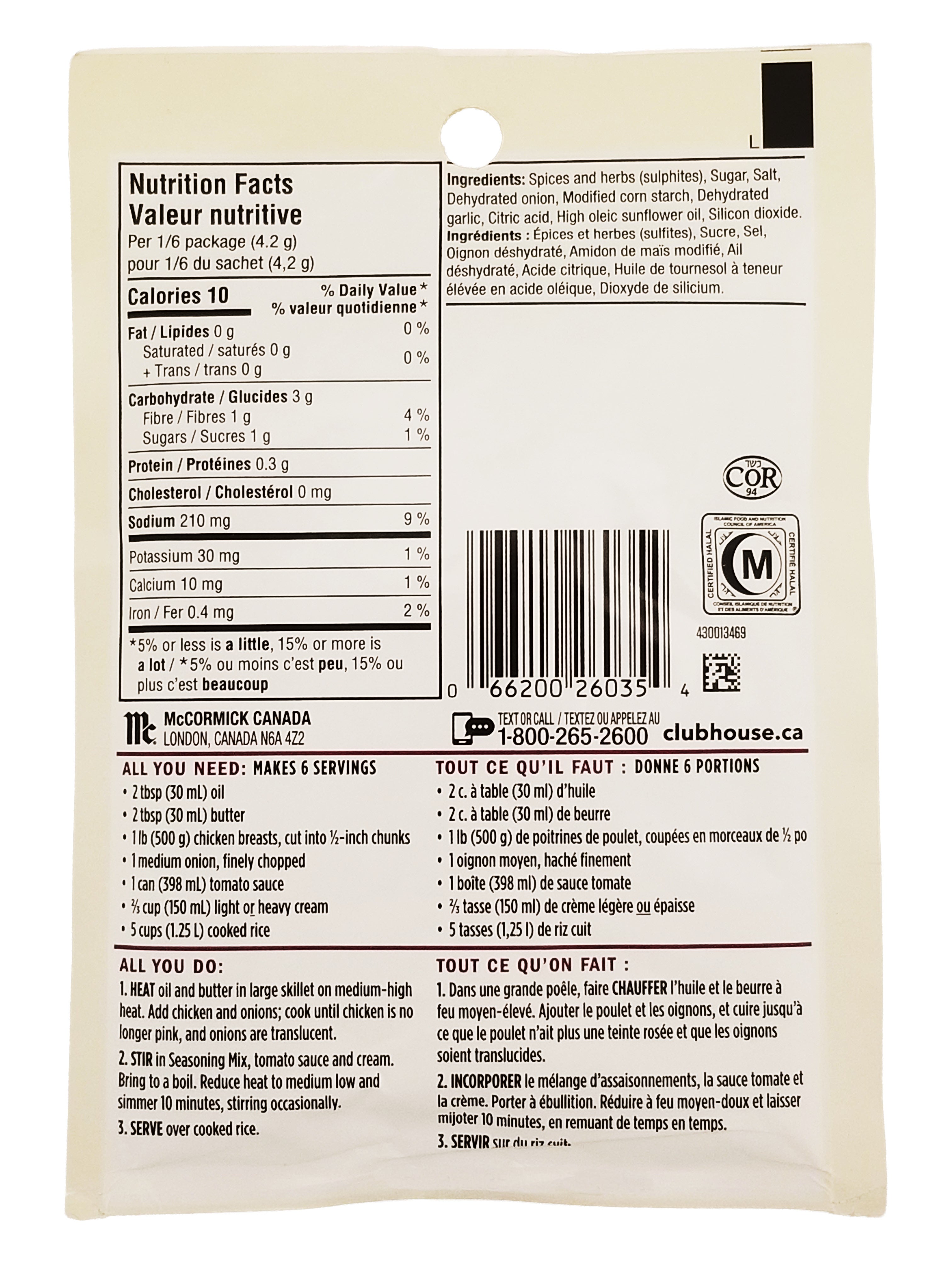 Back of a Club House Butter Chicken Seasoning Mix package with nutritional information and ingredients list.