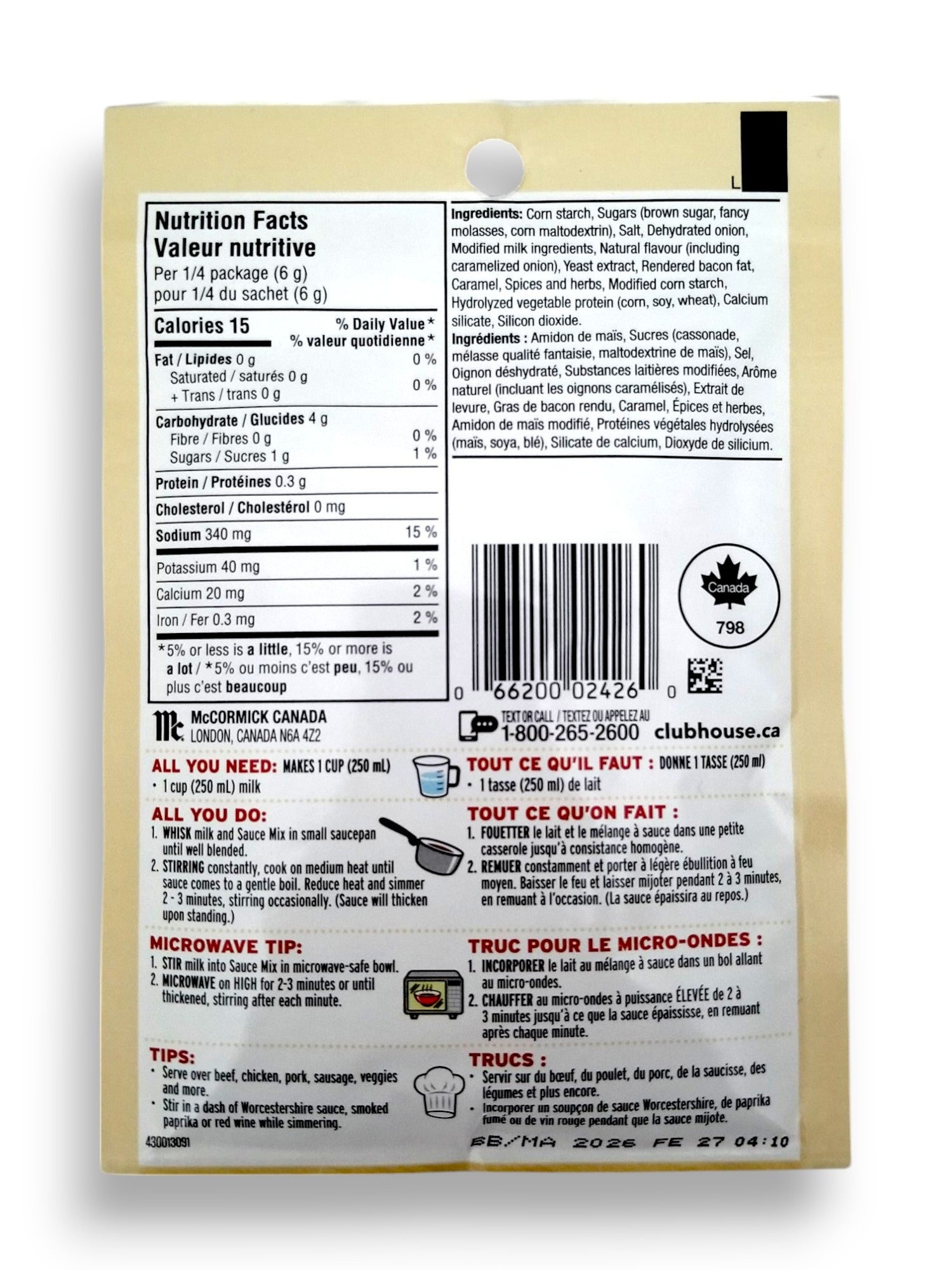 Club House Caramelized Onion & Bacon Gravy Mix, 24g/0.8 oz. Pouch - Back