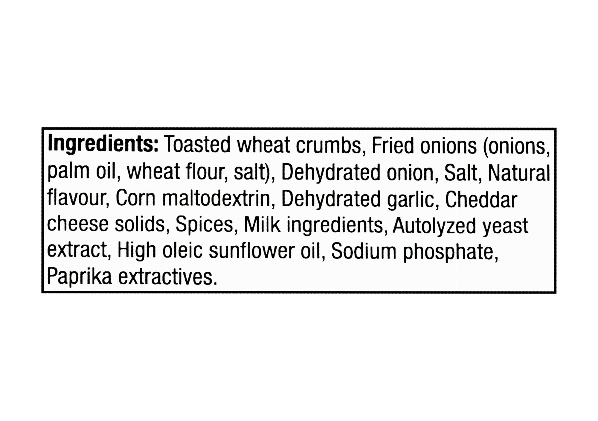 List of ingredients for Club House Cheddar Fried Onion Crunchy Chicken Seasoning Mix - 35g on a white background