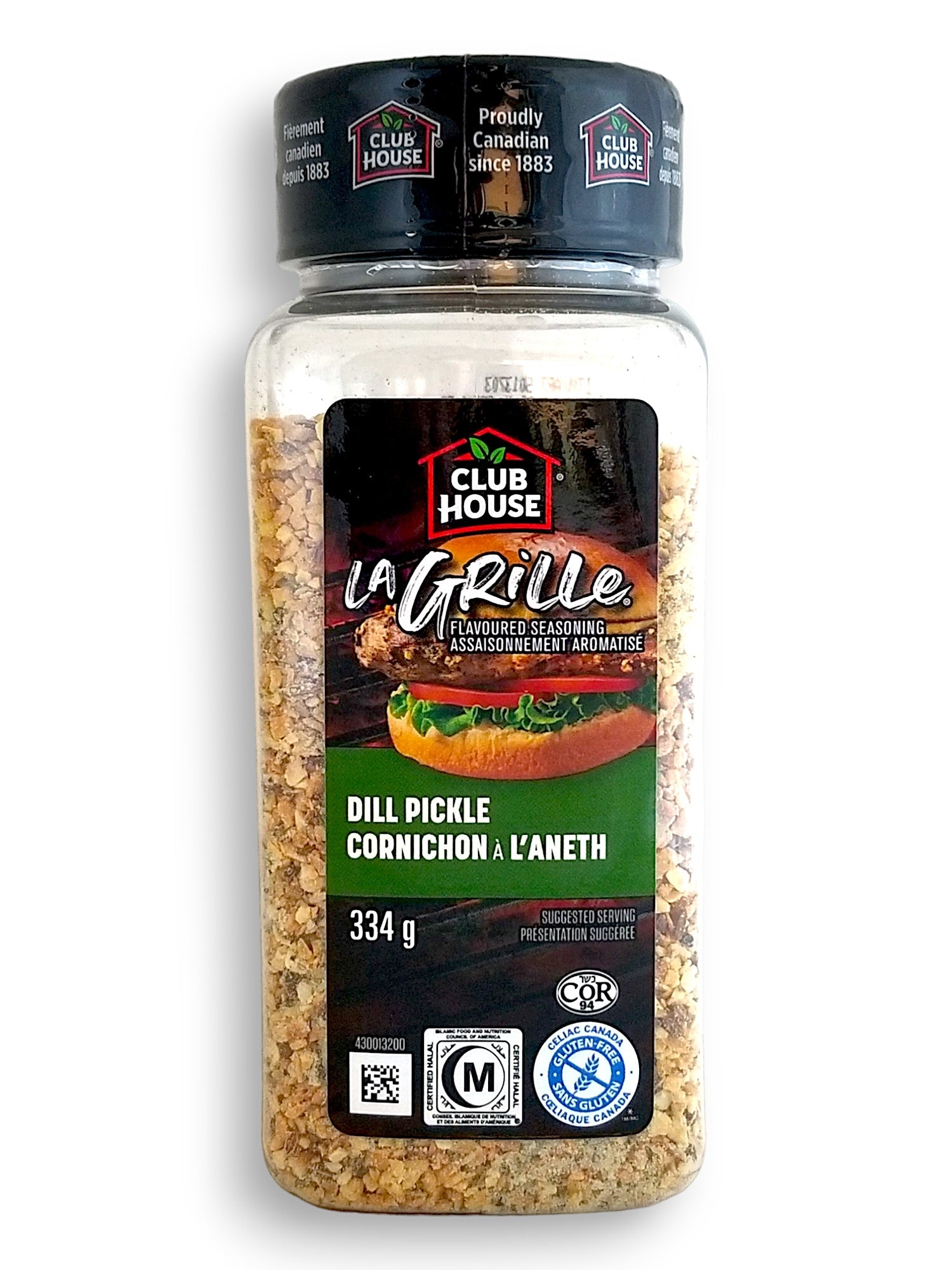 Club House Dill Pickle Seasoning 334g, front of shaker.