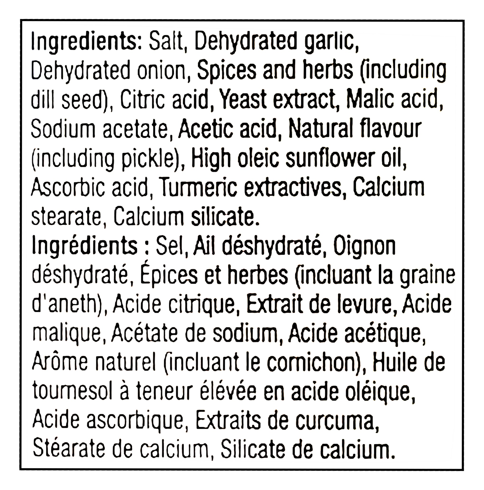 List of ingredients for Club House La Grille Dill Pickle Seasoning on a black background