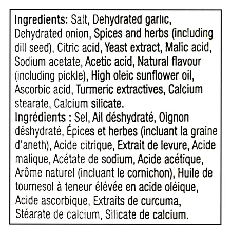 List of ingredients for Club House La Grille Dill Pickle Seasoning on a black background