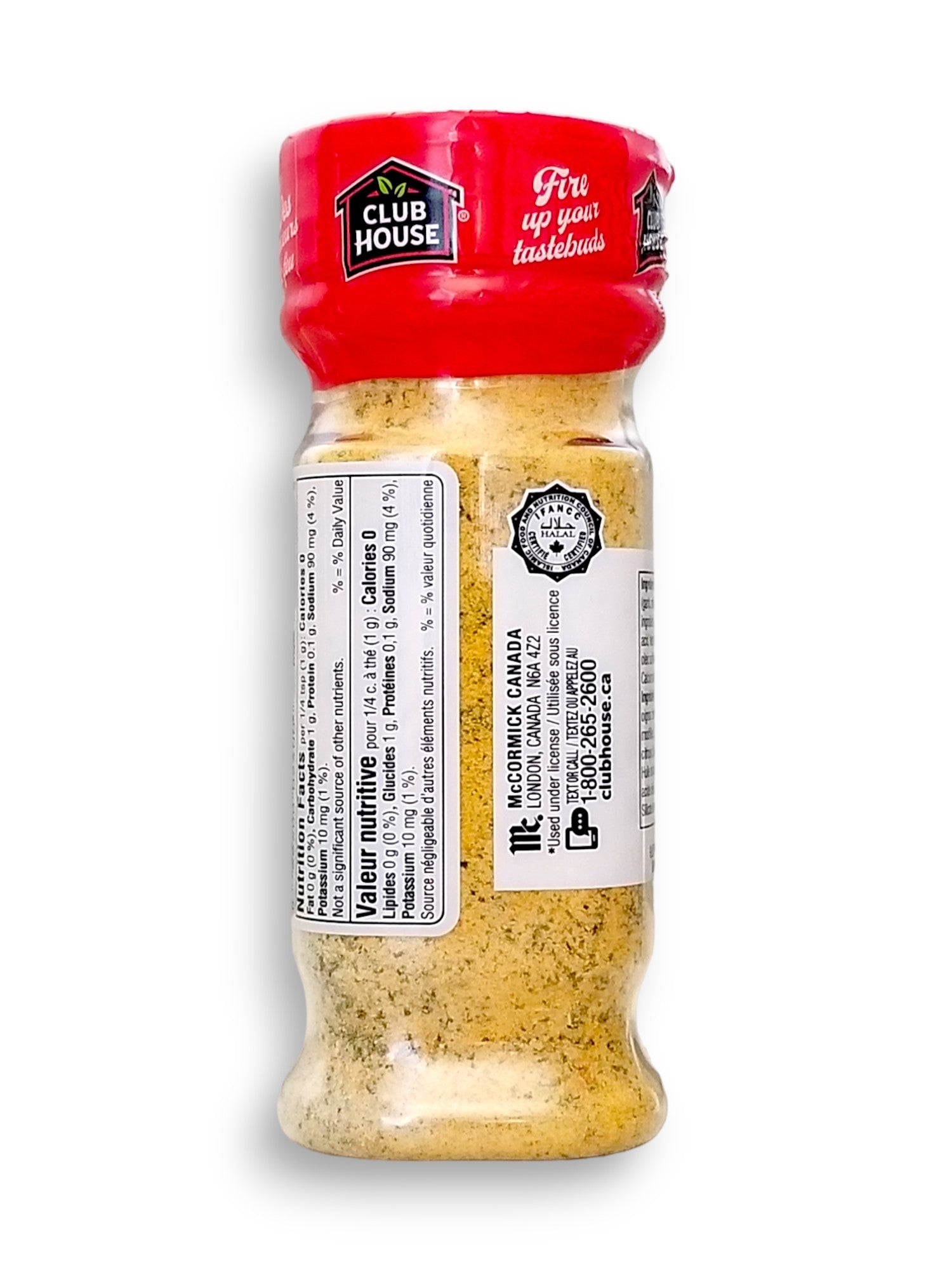 Club House Hot Ranch Seasoning, 165g/5.8 oz., Shaker, back of shaker.