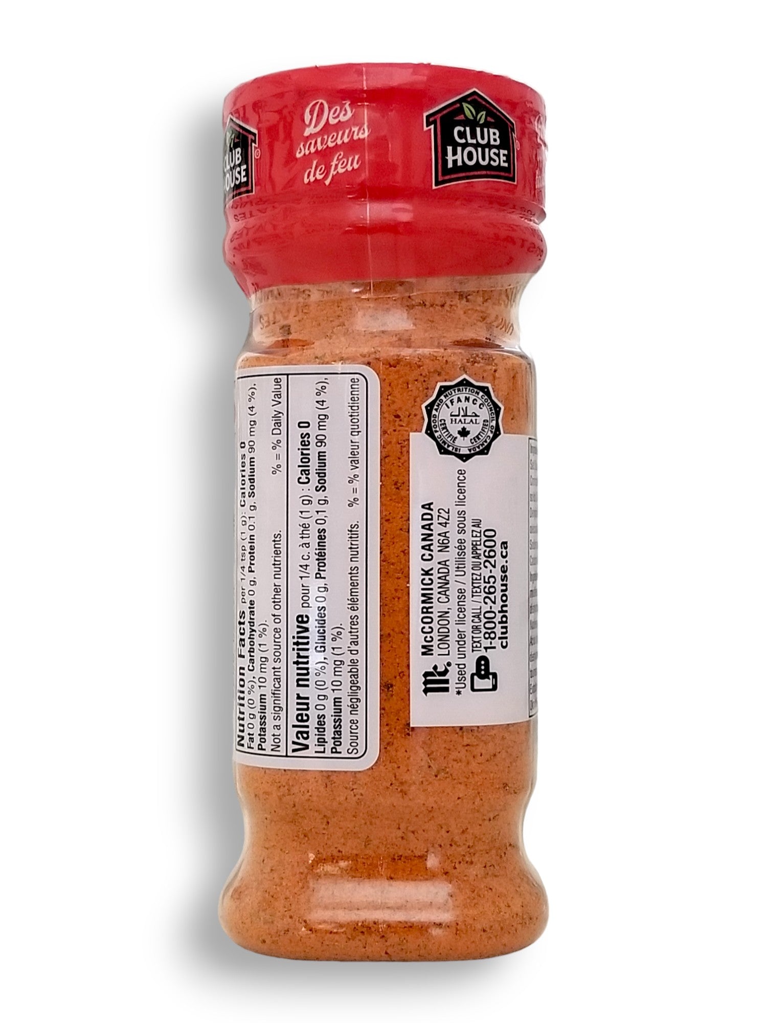 Club House Hot + Cheesy Seasoning, 145g/5.1 oz., Shaker, back of shaker.