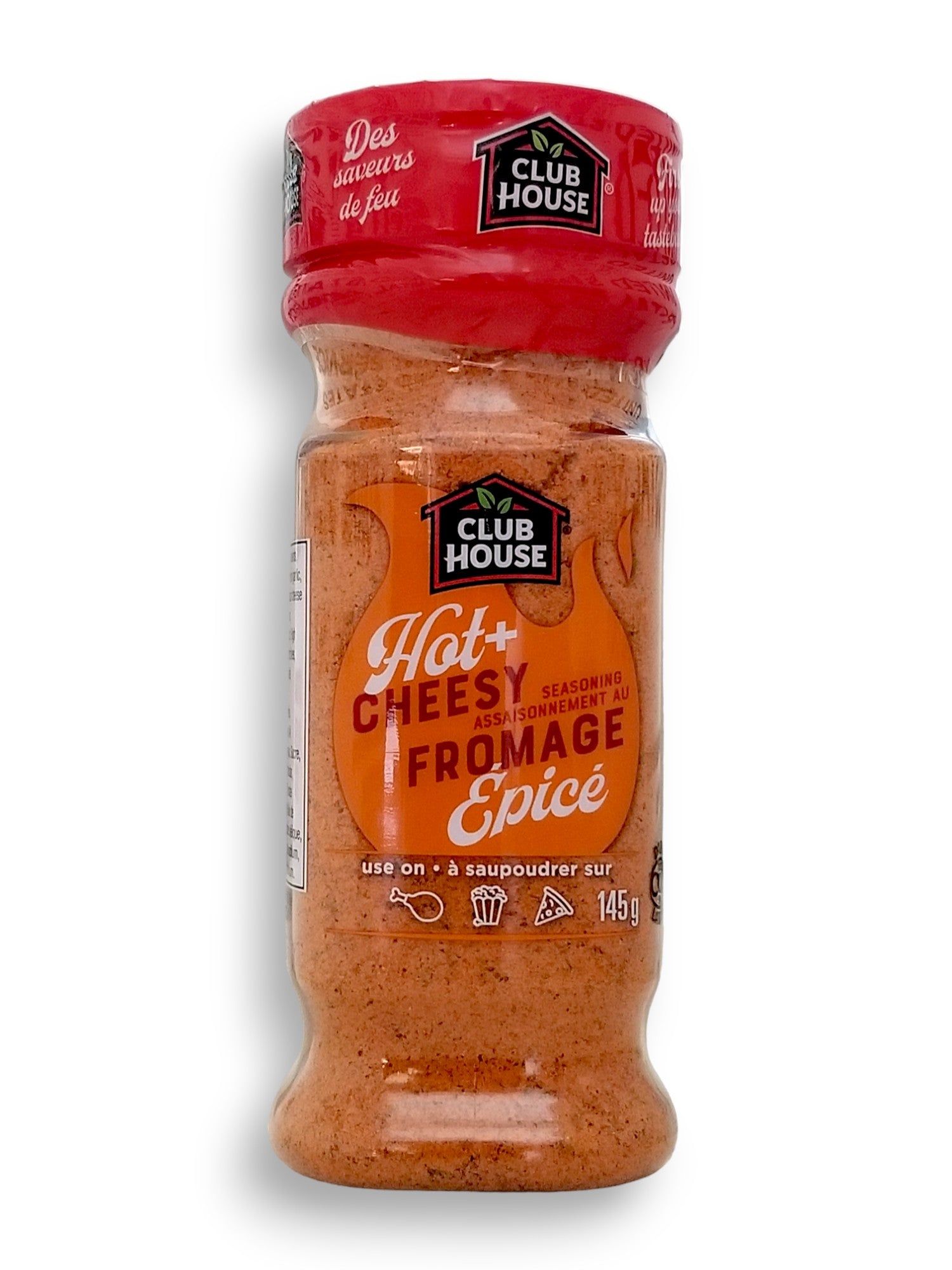 Club House Hot + Cheesy Seasoning, 145g/5.1 oz., Shaker, front of shaker.