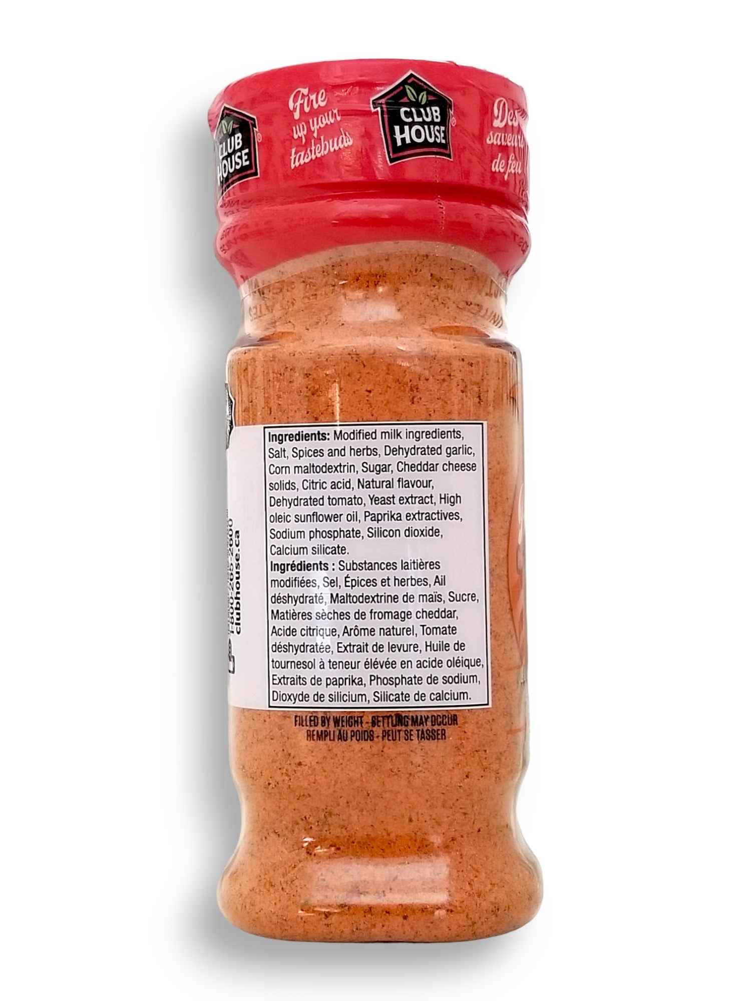 Club House Hot + Cheesy Seasoning, 145g/5.1 oz., Shaker, side of shaker.