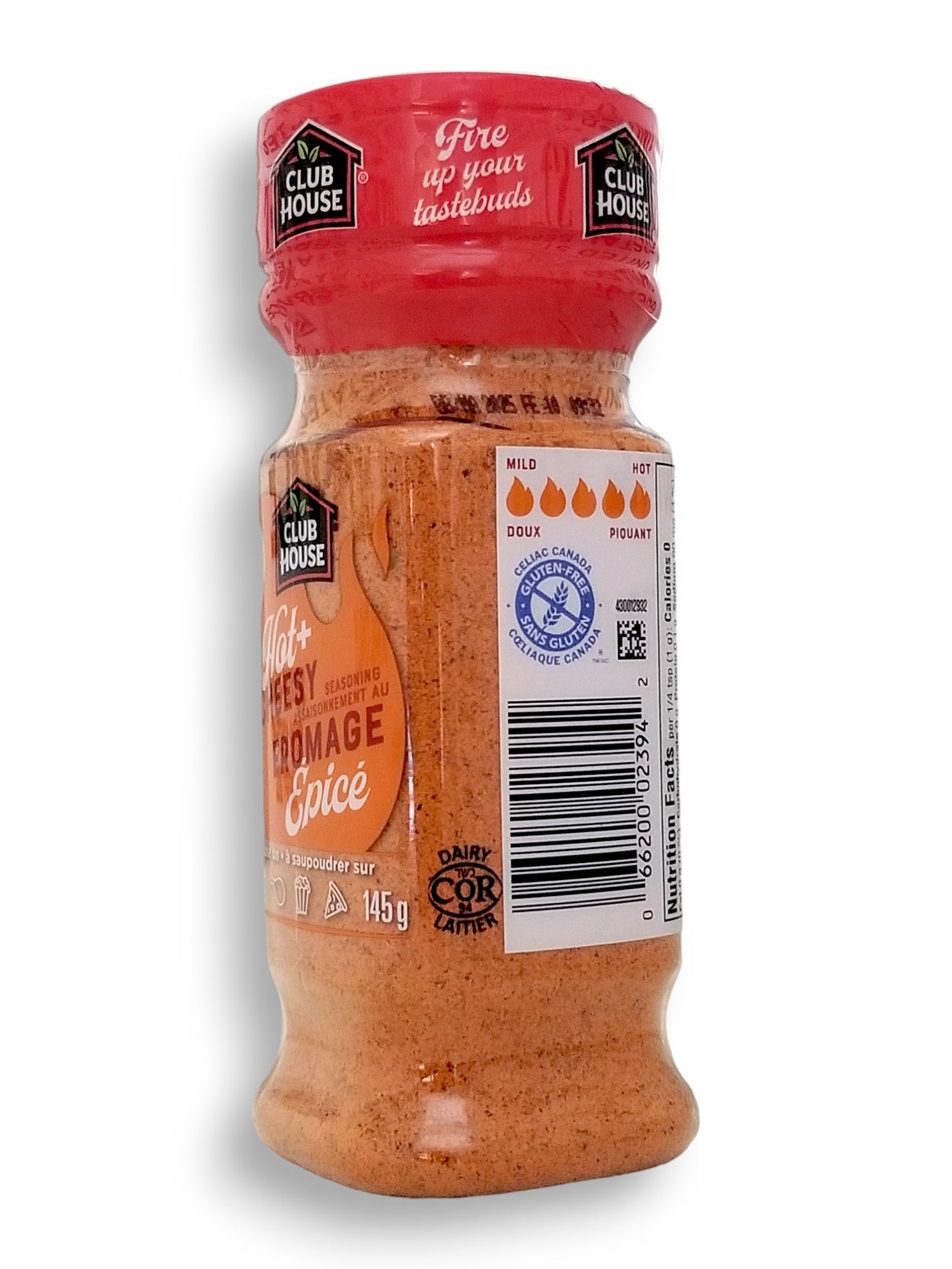 Club House Hot + Cheesy Seasoning, 145g/5.1 oz., Shaker, side of shaker with upc number.