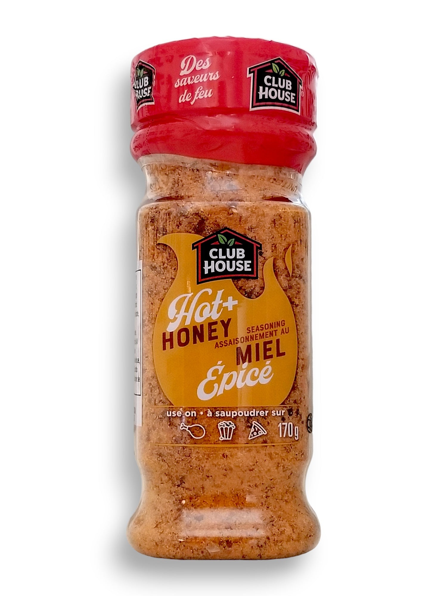 Club House Hot & Honey Seasoning, 170g/6 oz., Shaker, front of shaker.