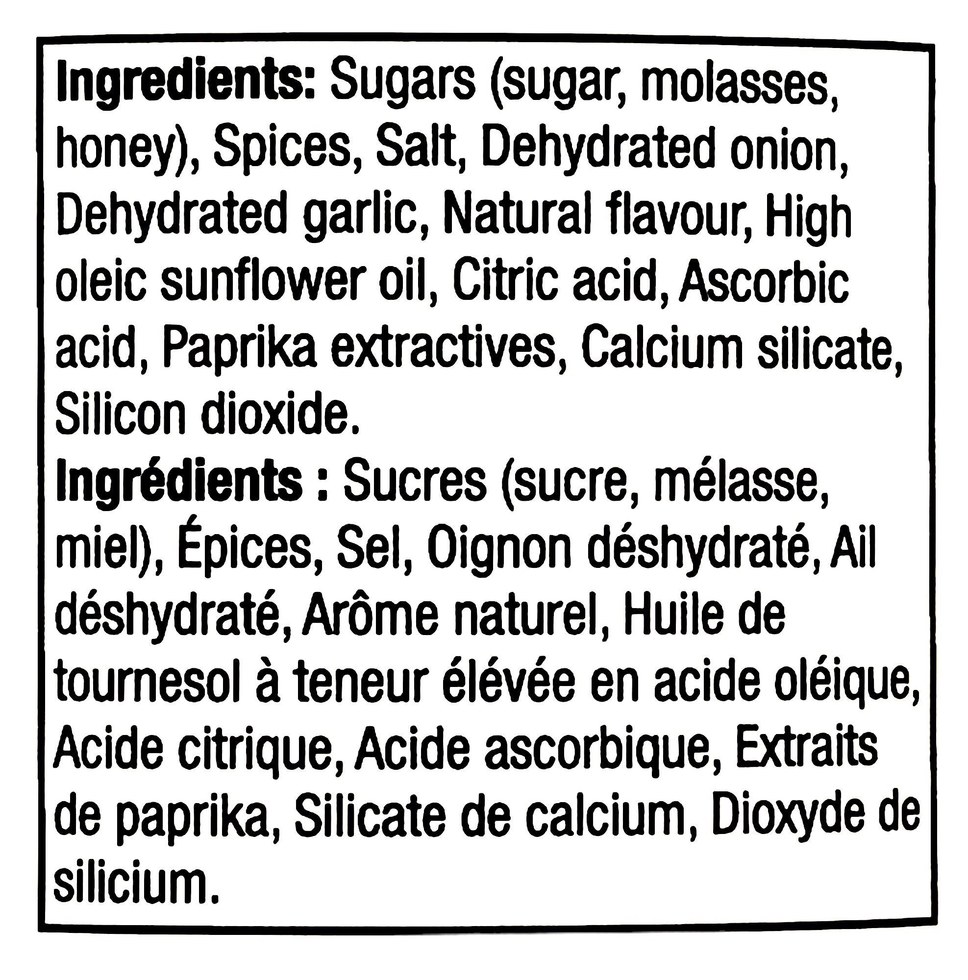 Club House Hot & Honey Seasoning, 170g/6 oz., Shaker, ingredients label.