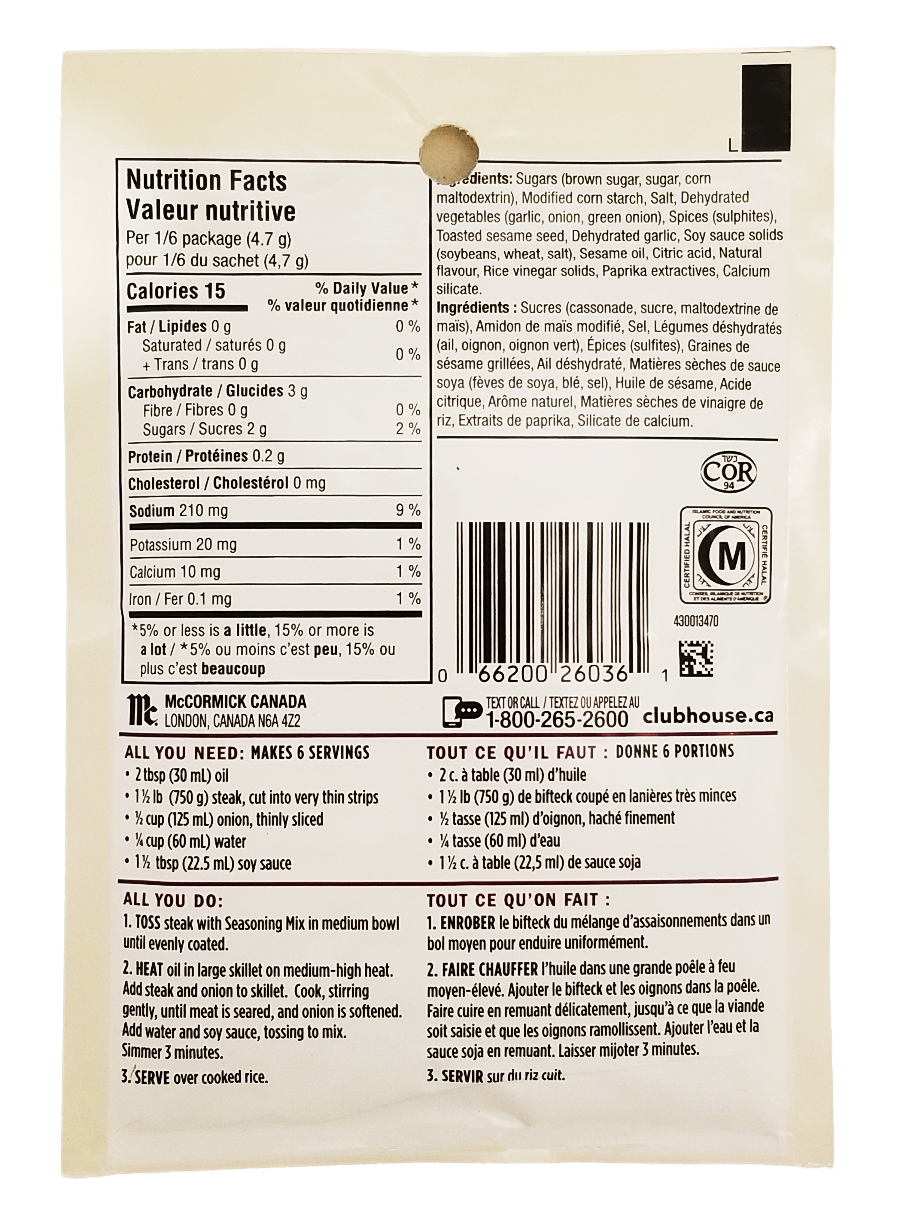 Back of a Club House Korean BBQ Style Seasoning Mix package with nutritional information and cooking instructions.