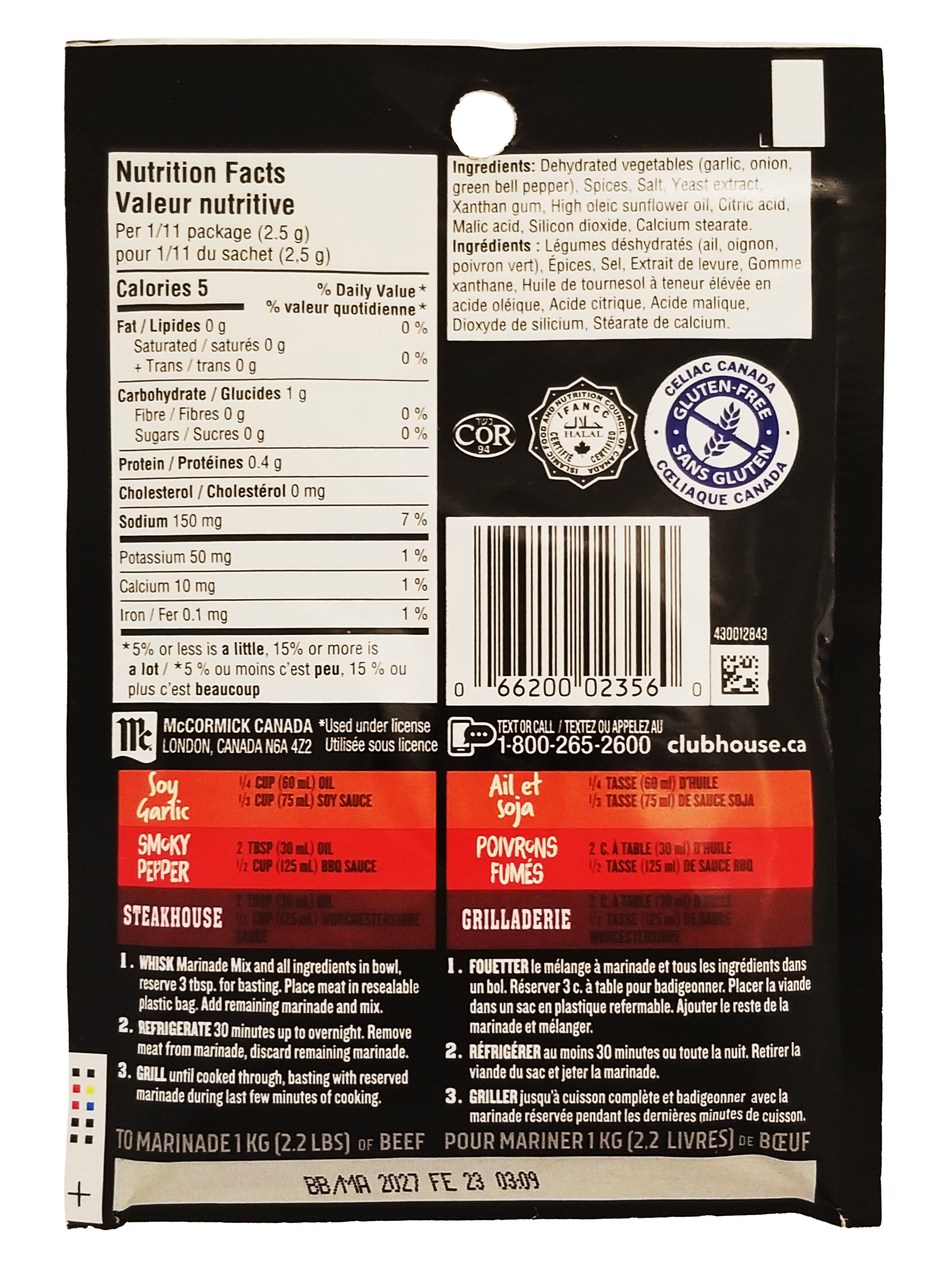 Back of Club House La Grille Griller's Choice Beef Marinade Mix 28g package with nutritional information, ingredients list, and branding.