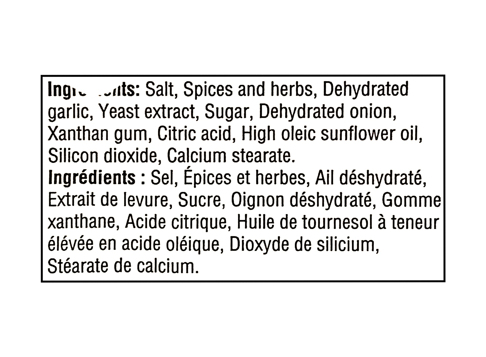 List of ingredients for Club House La Grille Griller's Choice Chicken Marinade Mix - 28g in a rectangular box on a white background