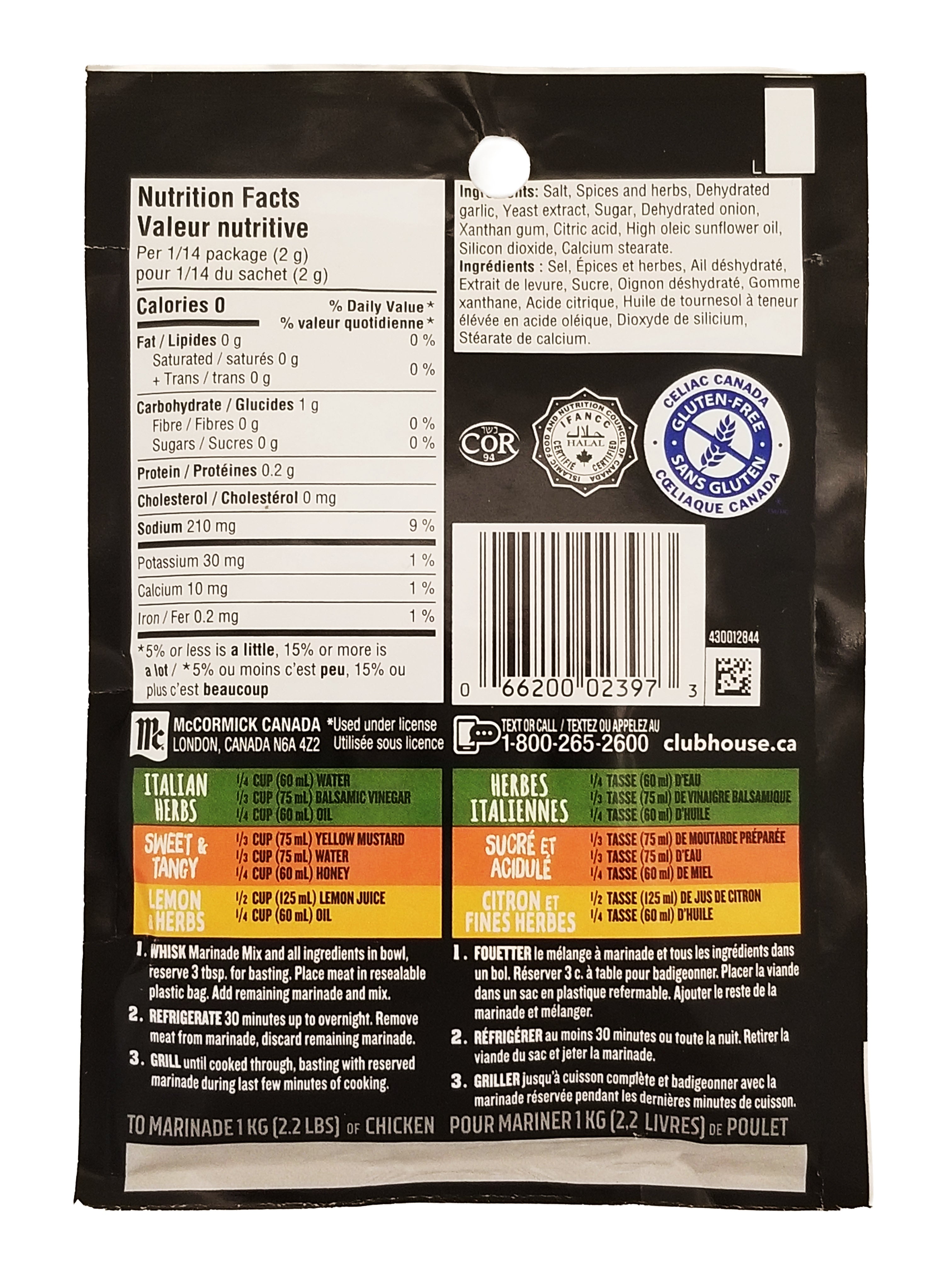 Back of a Club House La Grille Griller's Choice Chicken Marinade Mix - 28g seasoning packet with nutritional information, ingredients, and contact details.
