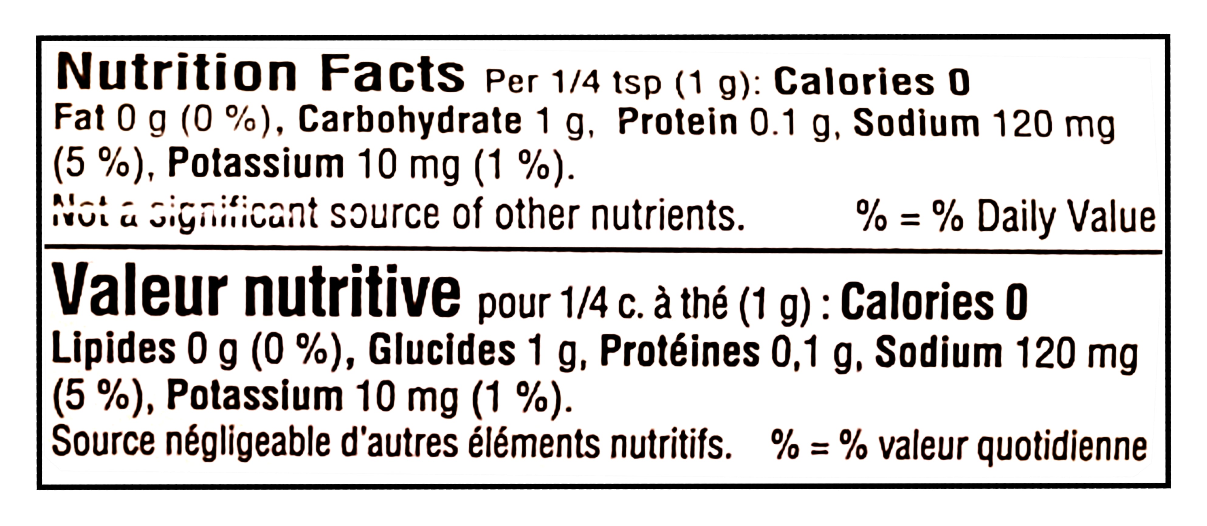Nutrition facts label for Club House La Grille Dill Pickle Seasoning per 1/4 teaspoon