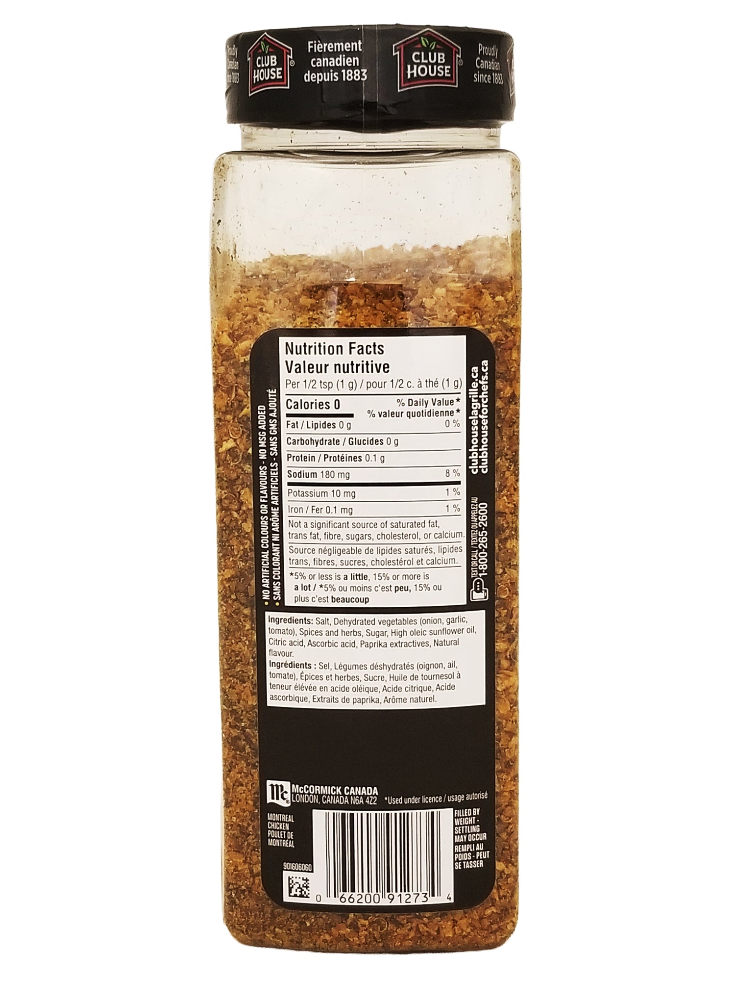 Club House La Grille Montreal Chicken Spice 675g Shaker with nutritional label on a white background