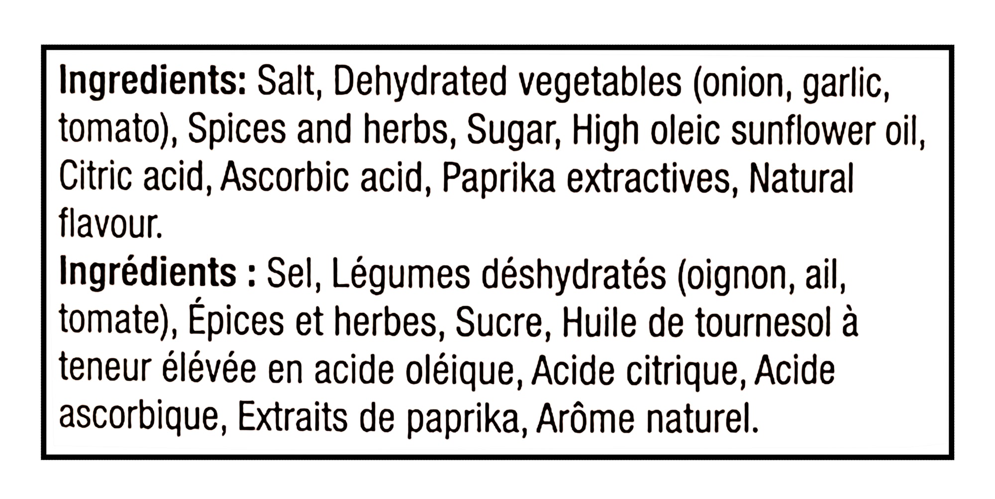 List of ingredients for Club House La Grille Montreal Chicken Spice 675g in both English and French.