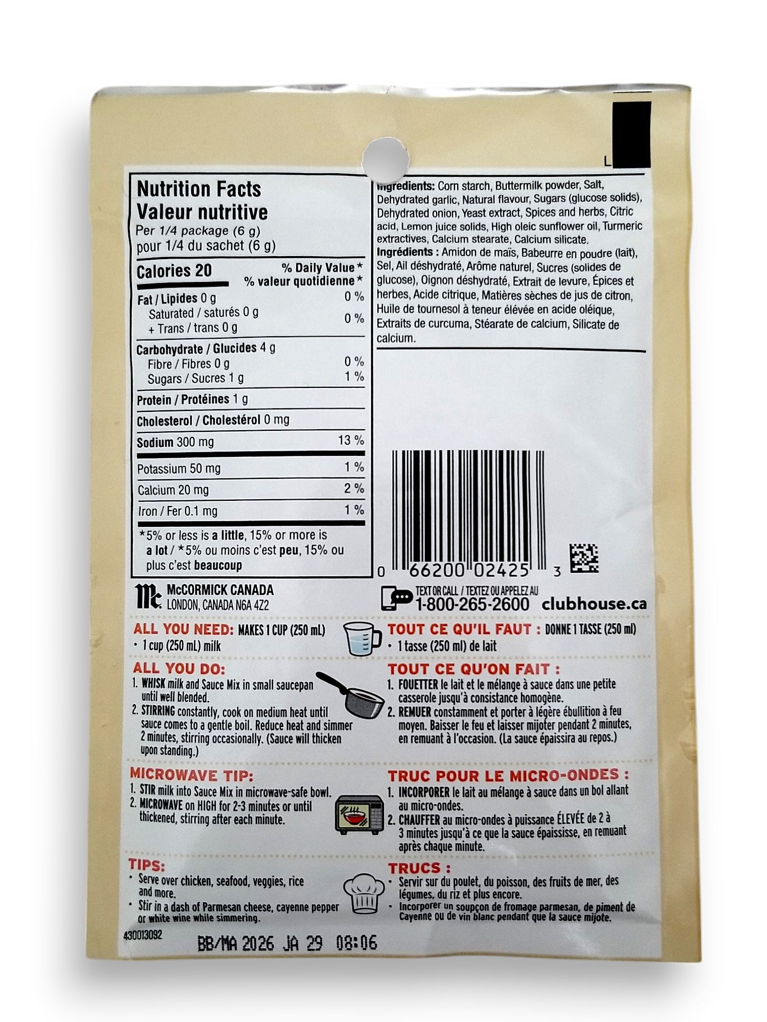 Club House Lemon & Herb Butter Gravy Mix, 24g/0.8 oz. Pouch - Back