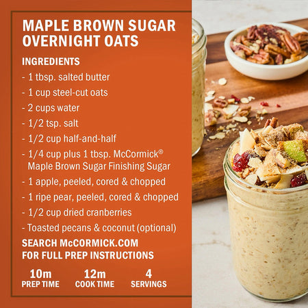 Maple brown sugar overnight oats recipe card with ingredients and preparation details.