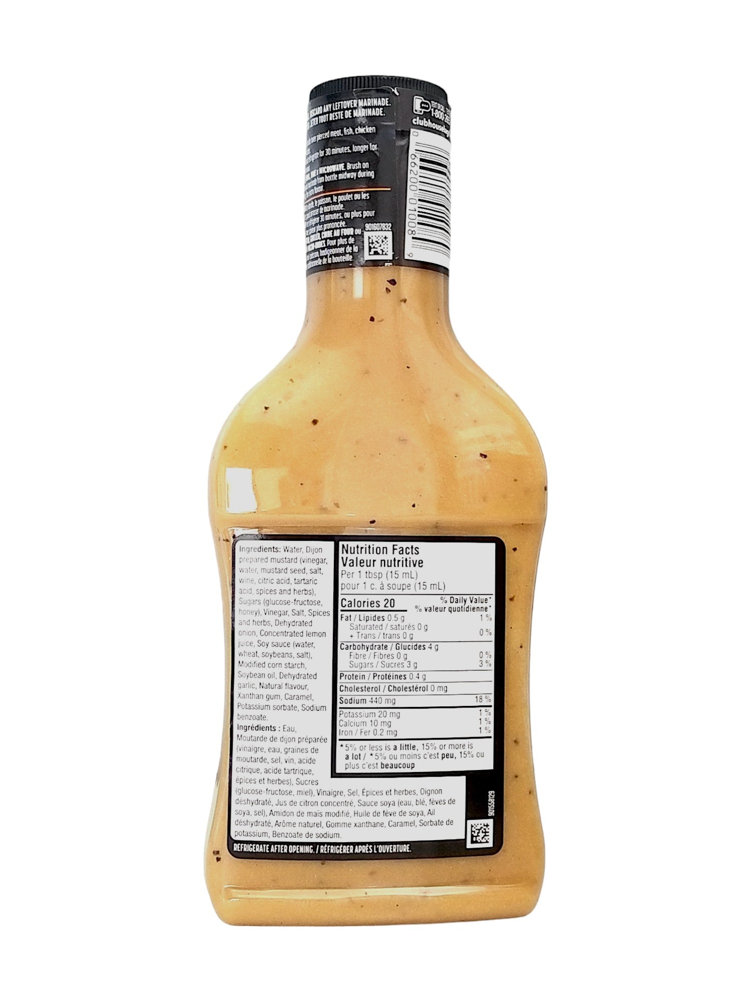 Club House La Grille Honey & Dijon Marinade 350ml, back of bottle.