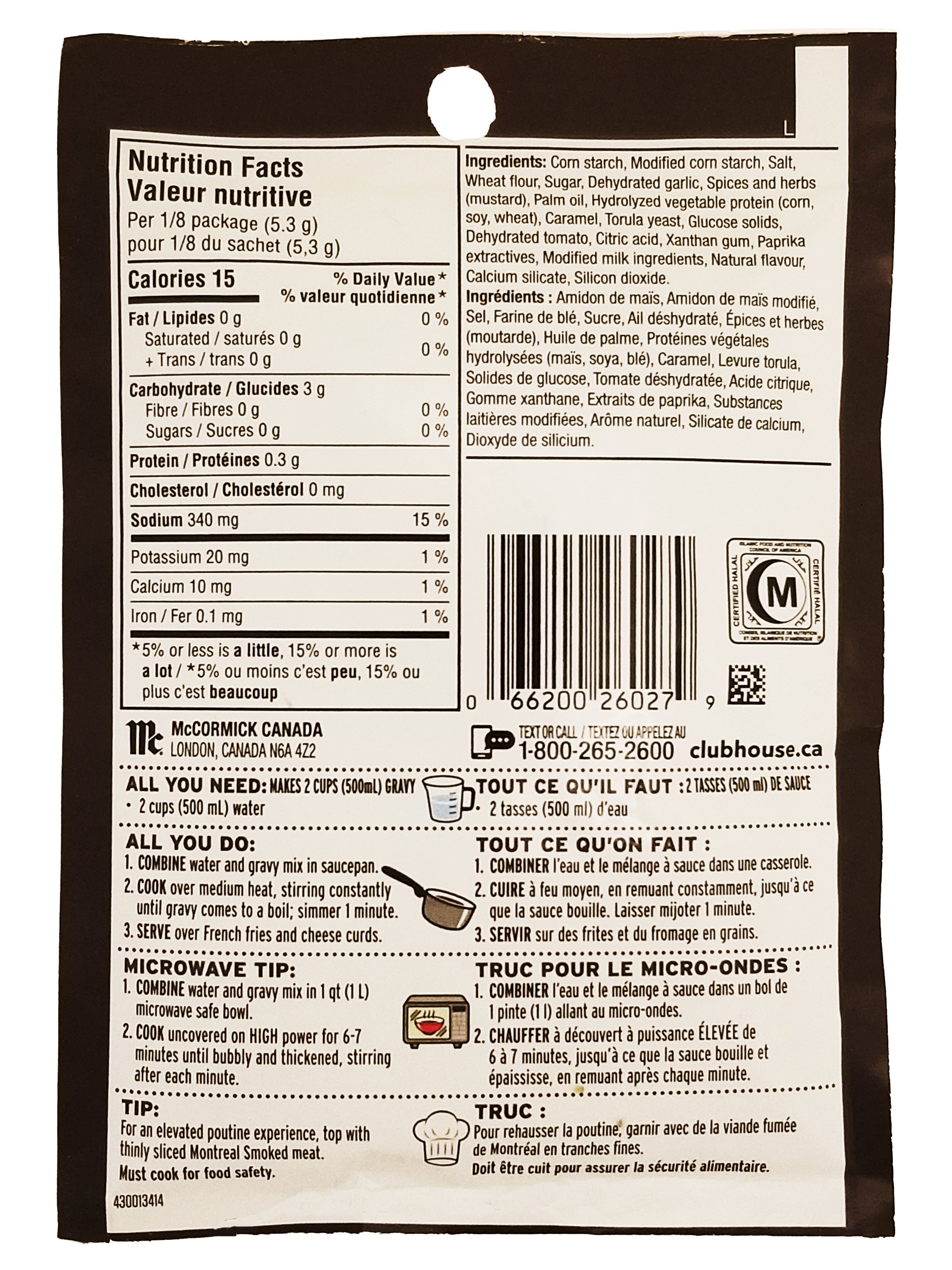 Back of a Club House Montreal Steak Spice Poutine Gravy Mix 42g package with nutritional information, ingredients list, and preparation instructions.