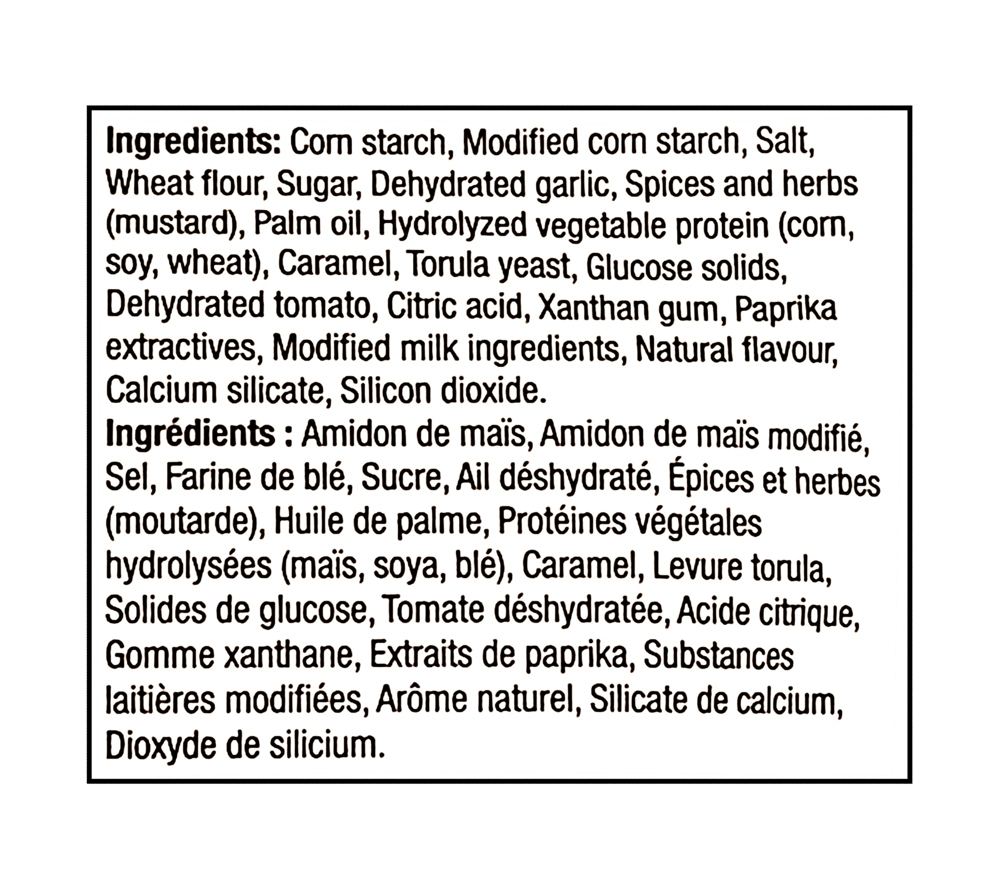 List of ingredients for Club House Montreal Steak Spice Poutine Gravy Mix 42g on a white background
