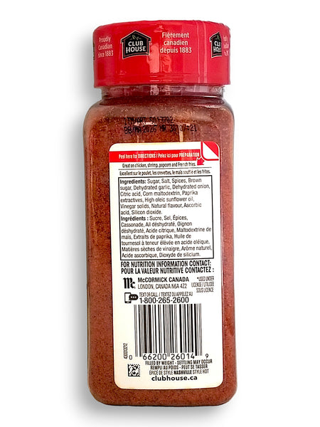 Club House Nashville Style Hot All Purpose Seasoning 327g, back of shaker.