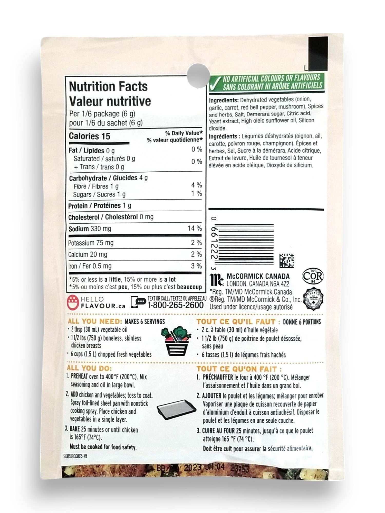 Club House One Sheet Pan Farmer's Market Chicken & Vegetable Seasoning Mix – 36g / 1.2 oz - Back