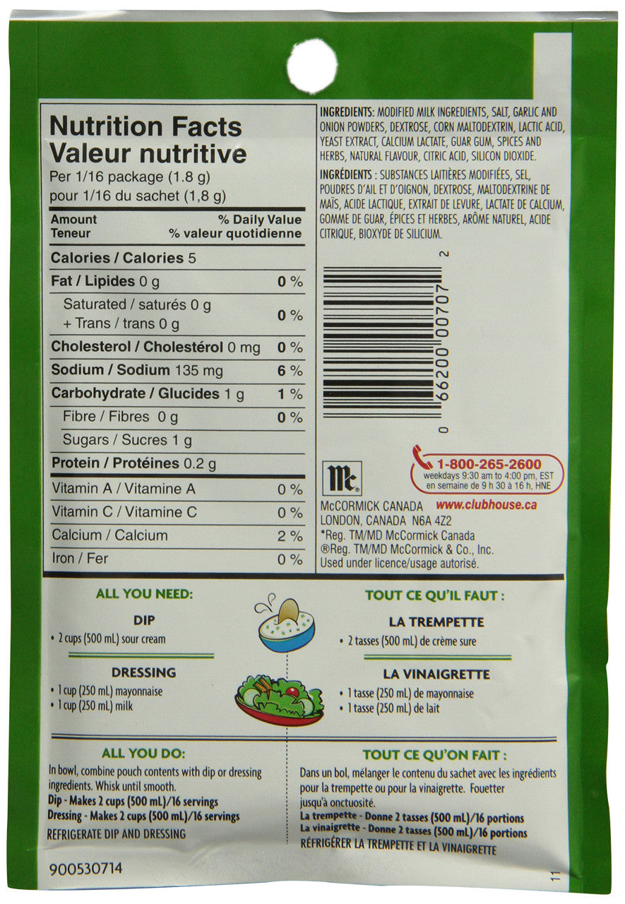 Club House Ranch Style Dressing & Dip Mix, 28g/1oz., Sachet Back Side