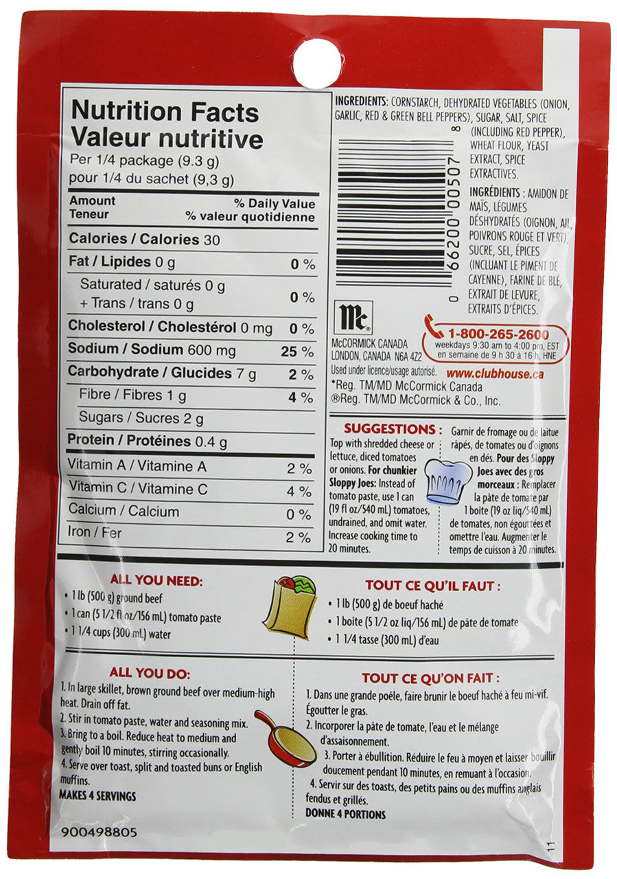 Club House Sloppy Joes Seasoning Mix, 37g/1.3oz Back Side