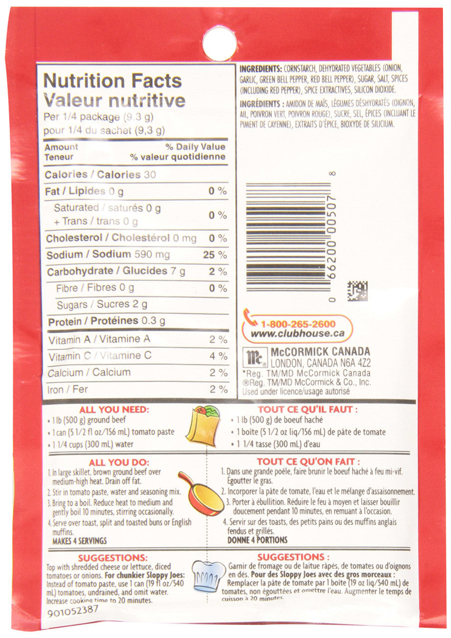 Club House Sloppy Joes Seasoning Mix, 37g/1.3oz Nutritional Facts
