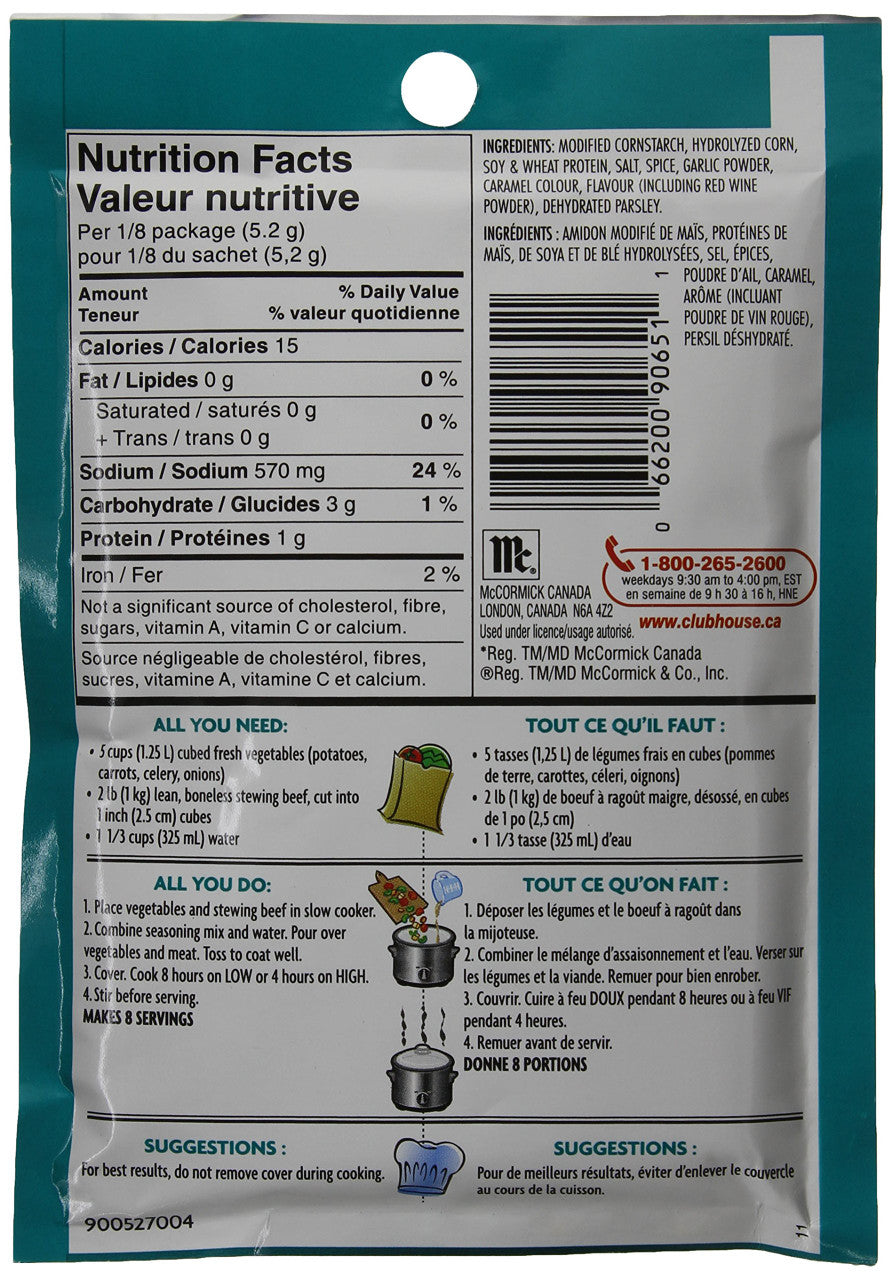 Club House Slow Cookers Beef Stew Seasoning Mix, 42g/1.5oz. Back Side