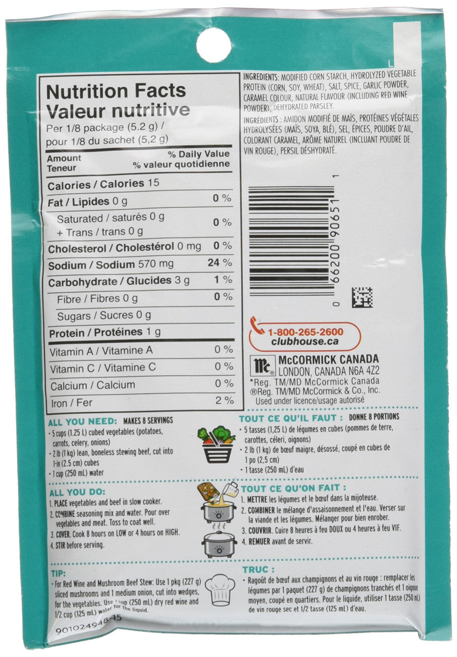 Club House Slow Cookers Beef Stew Seasoning Mix, 42g/1.5oz. Nutrition Facts