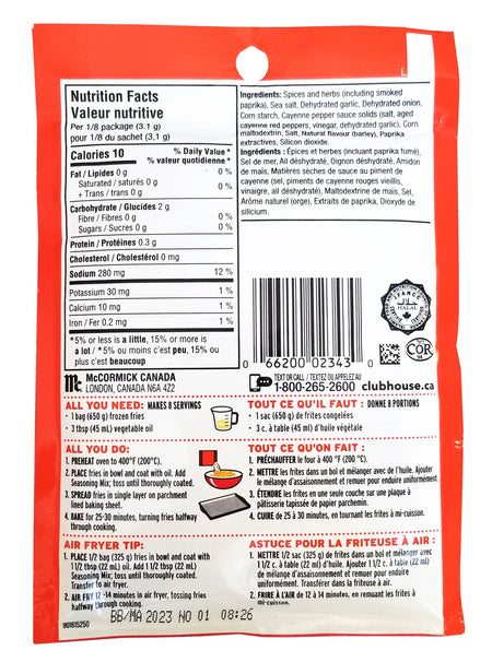 Club House Smoked Paprika & Herb Fries Seasoning Mix, 25g/0.9 oz. Packet Back Side