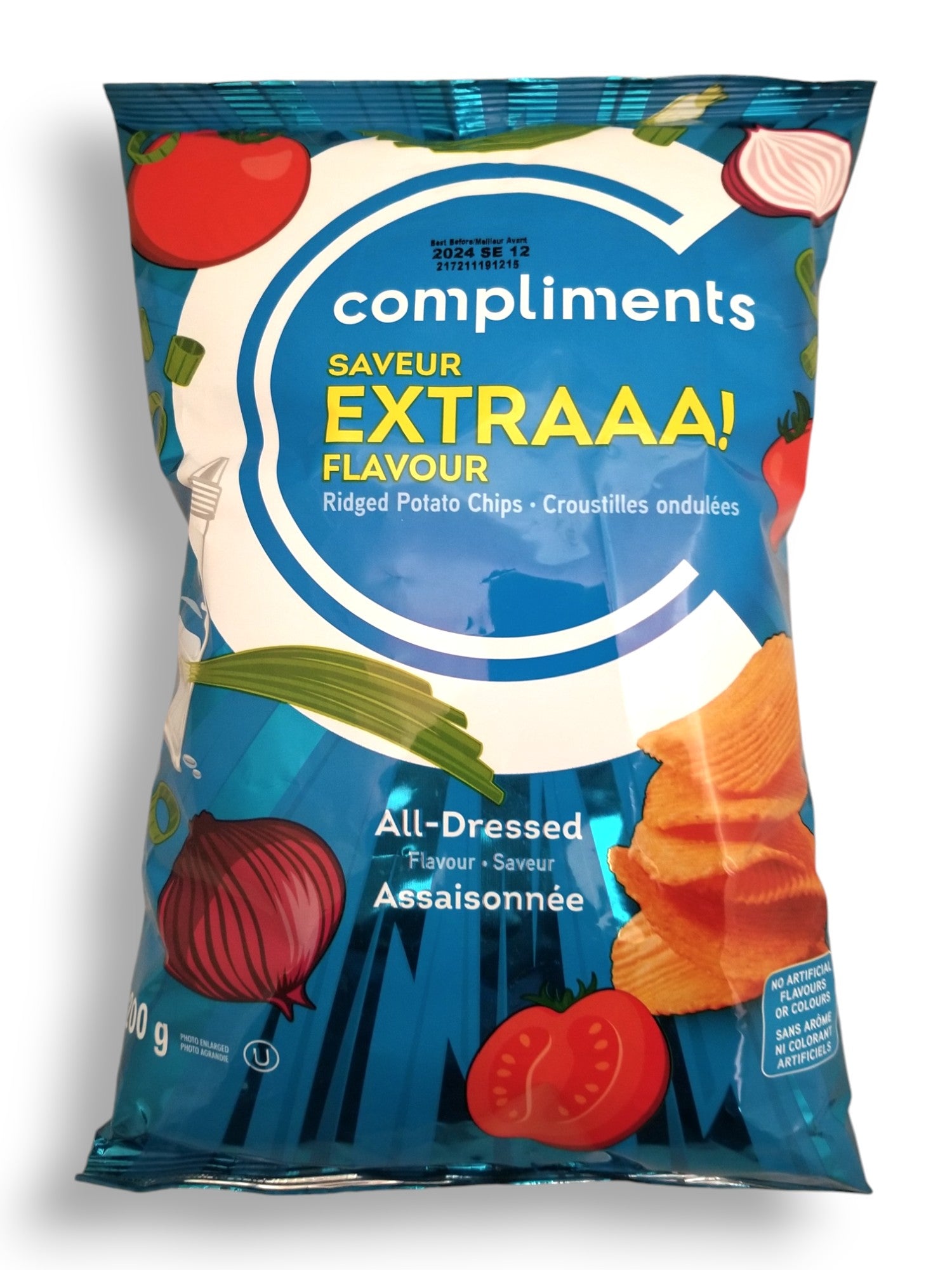 Compliments Extraaa All Dressed Flavor Ridged Potato Chips, 200g/7.1 oz., Bag, front of bag.