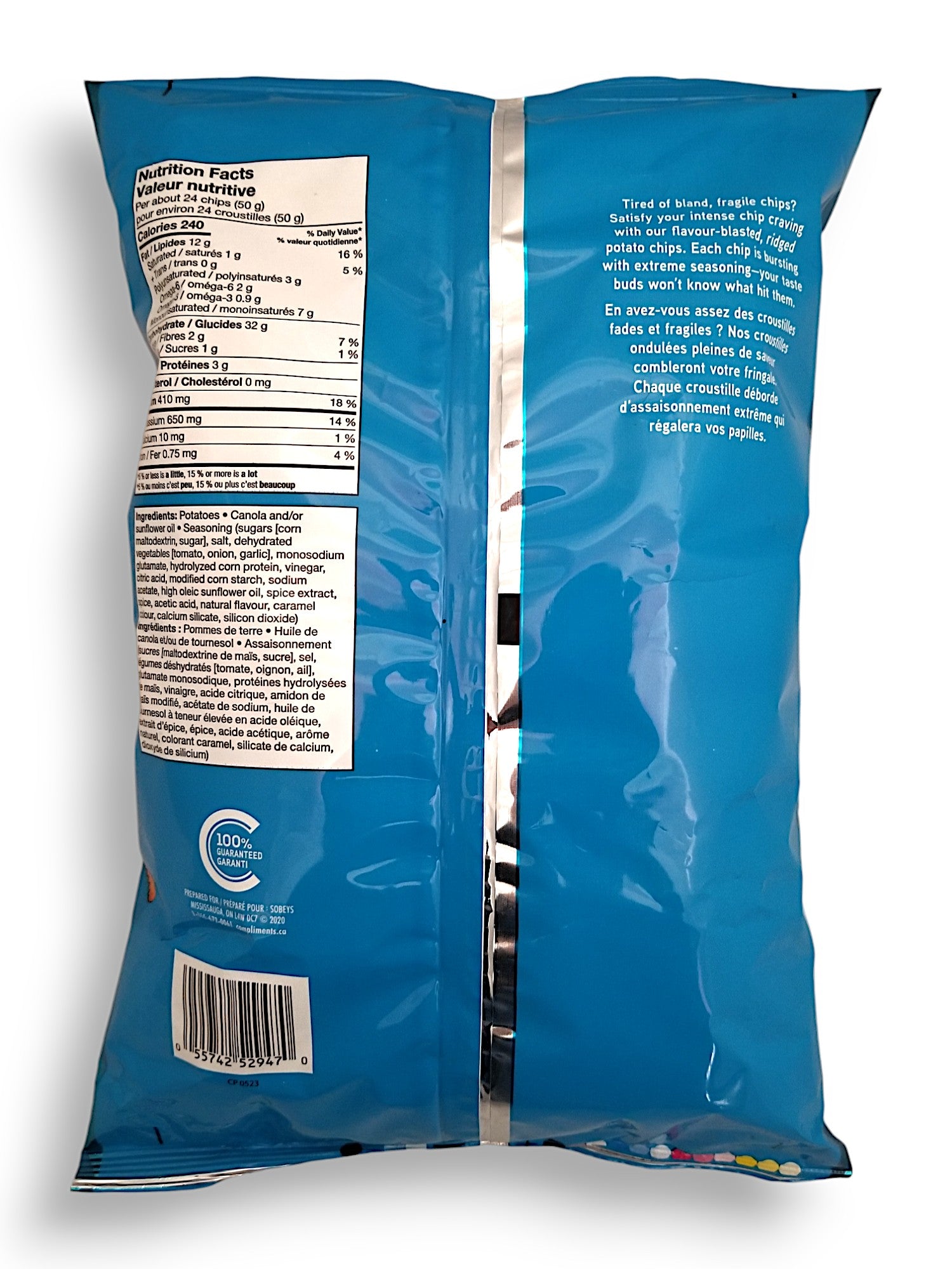 Compliments Extraaa All Dressed Flavor Ridged Potato Chips, 200g/7.1 oz., Bag, back of bag.