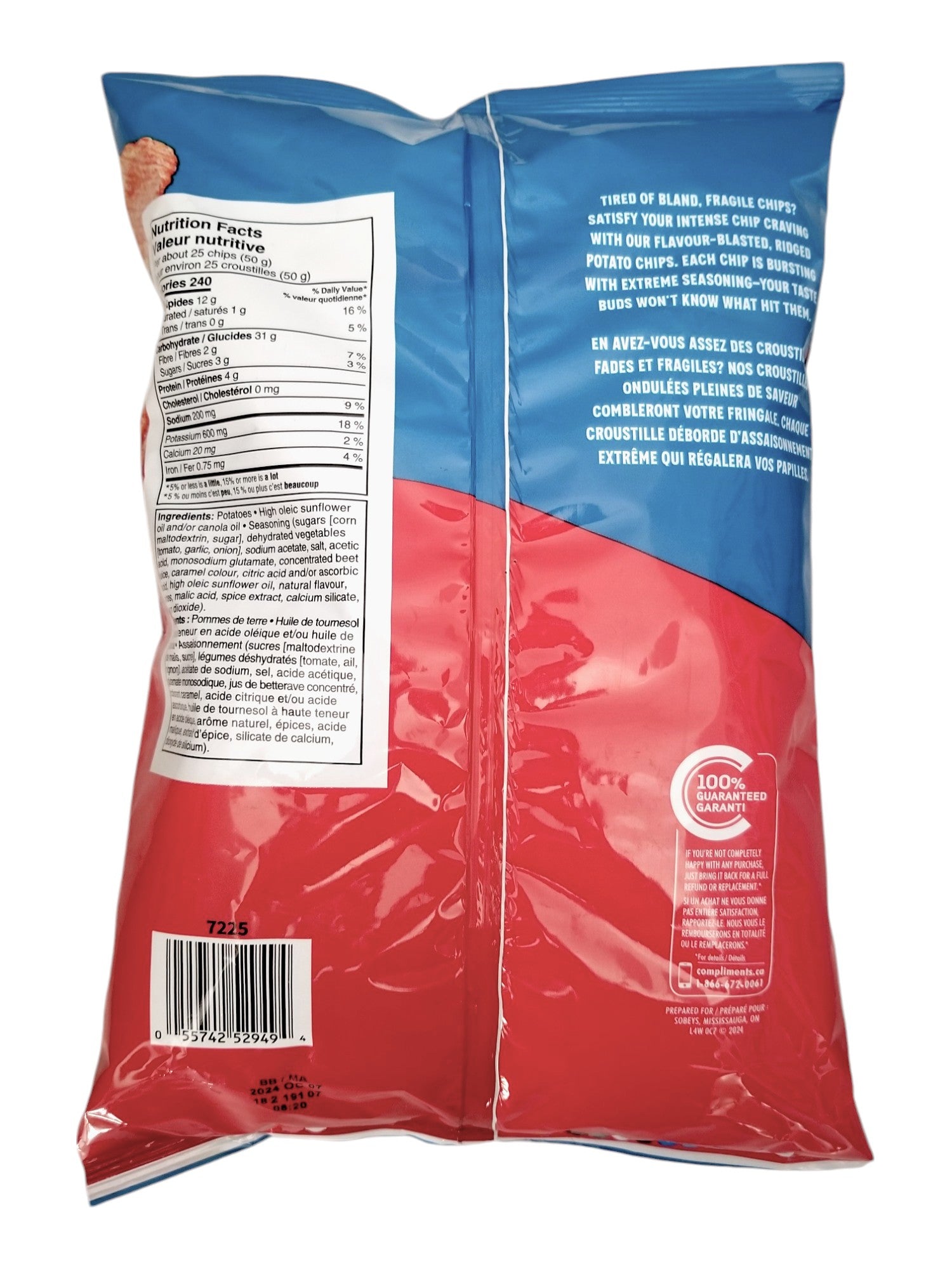 Compliments Extraaa Ketchup Flavor Ridged Potato Chips, 200g/7.1 oz., Bag, back of bag.
