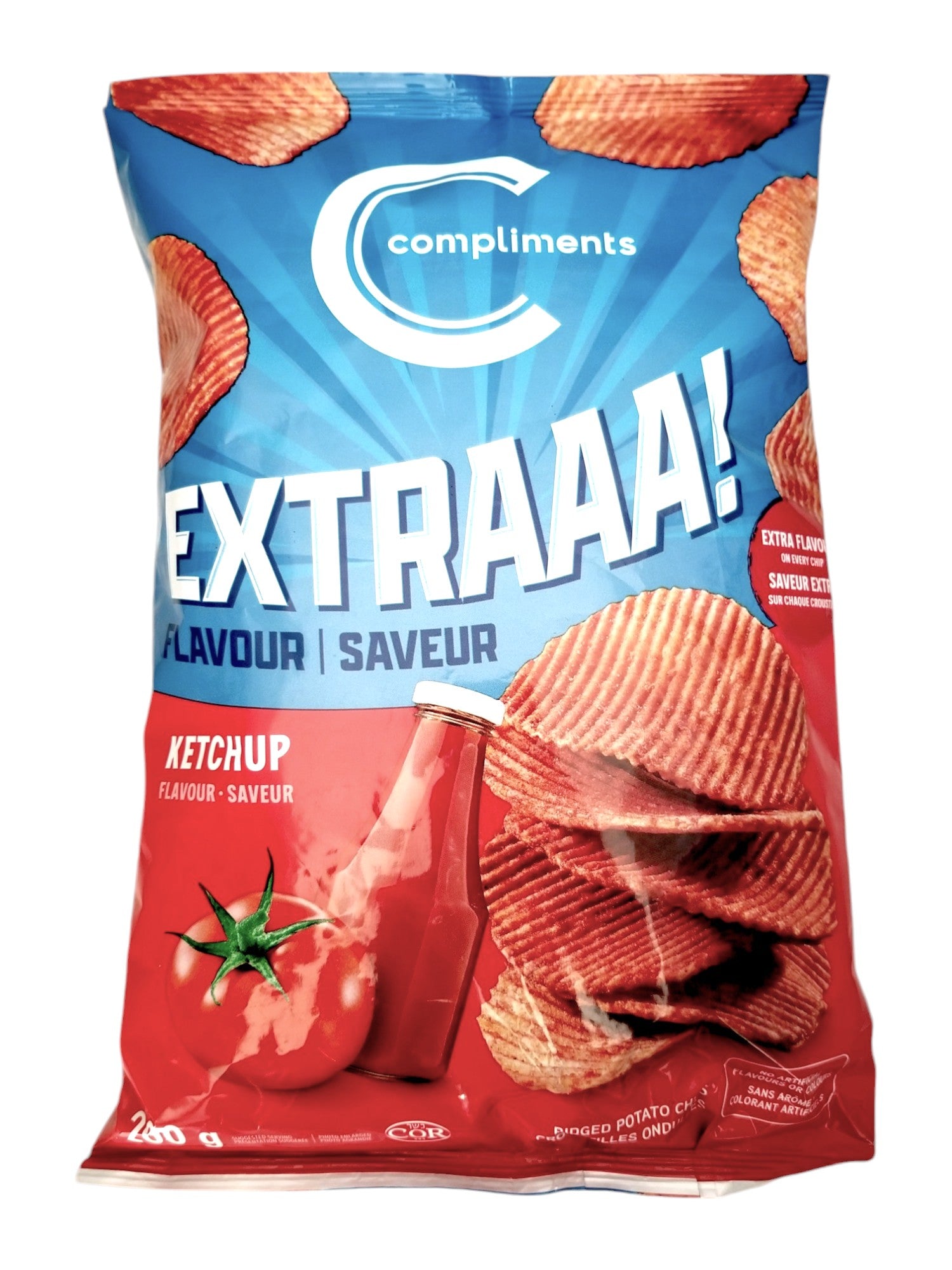 Compliments Extraaa Ketchup Flavor Ridged Potato Chips, 200g/7.1 oz., Bag, front of bag.