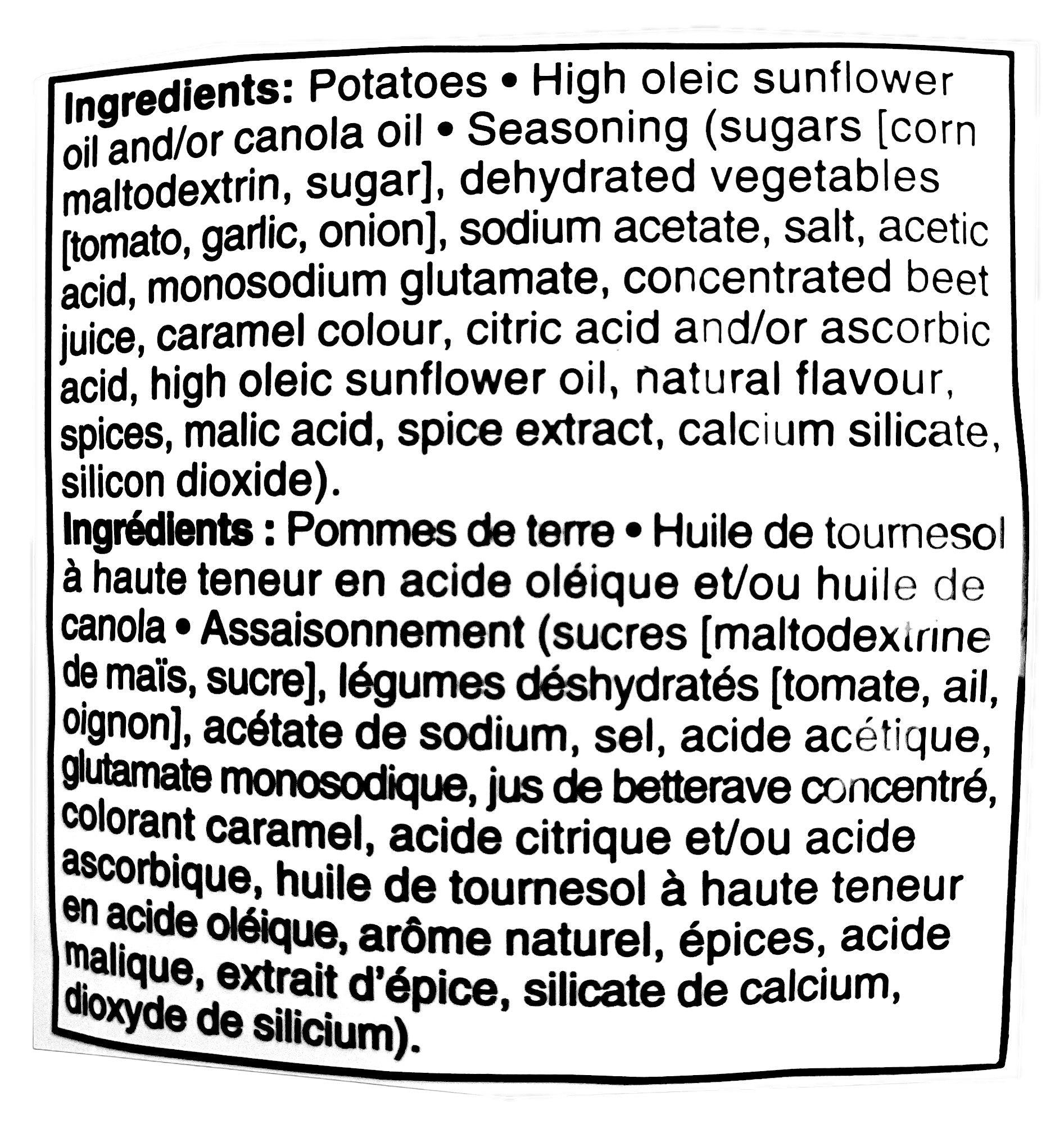 Compliments Extraaa Ketchup Flavor Ridged Potato Chips, 200g/7.1 oz., Bag, ingredients label.