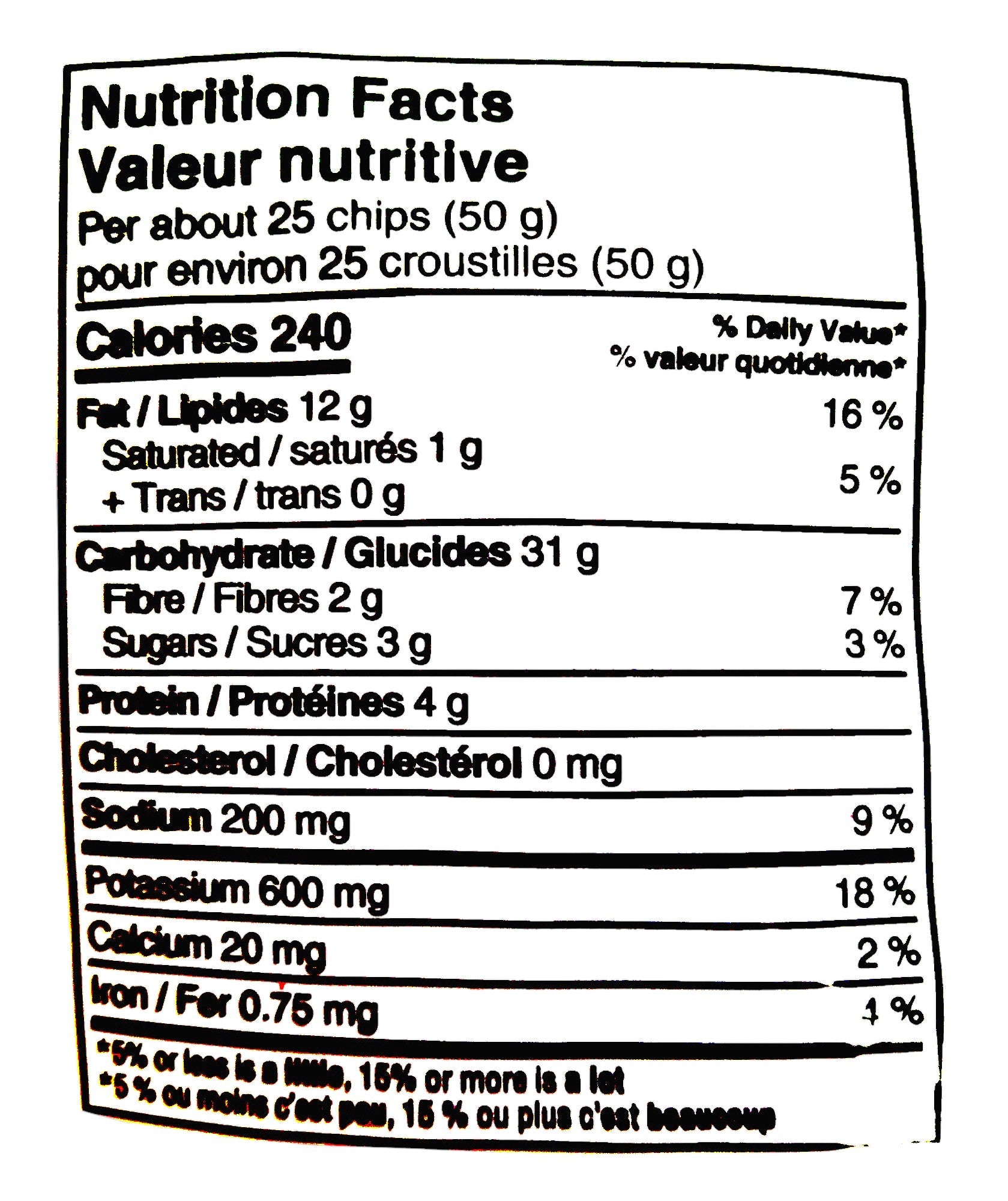 Compliments Extraaa Ketchup Flavor Ridged Potato Chips, 200g/7.1 oz., Bag, nutrition facts label.