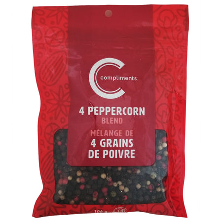 Compliments 4 Peppercorn Blend 106g – front of jar with label, whole peppercorn seasoning