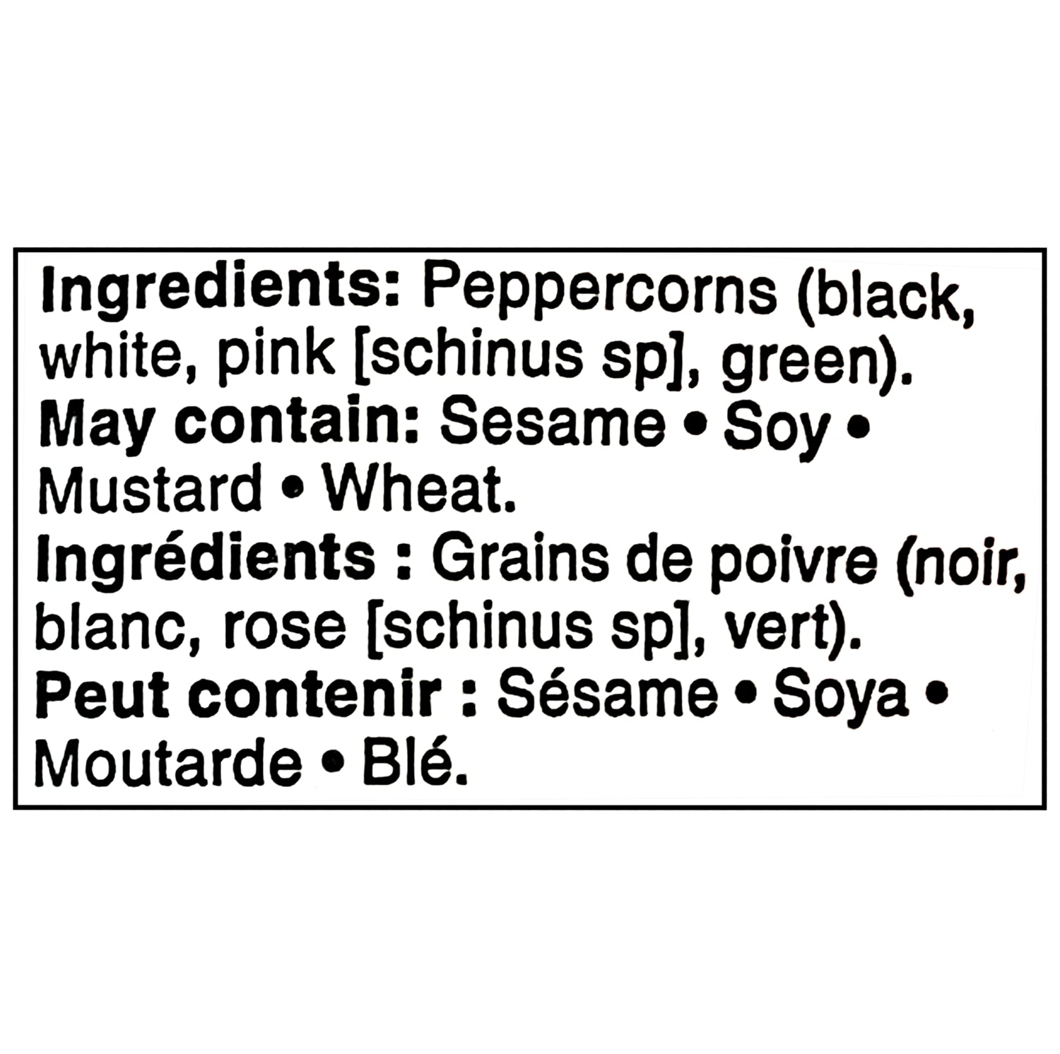 	Compliments 4 Peppercorn Blend 106g – ingredient list on packaging